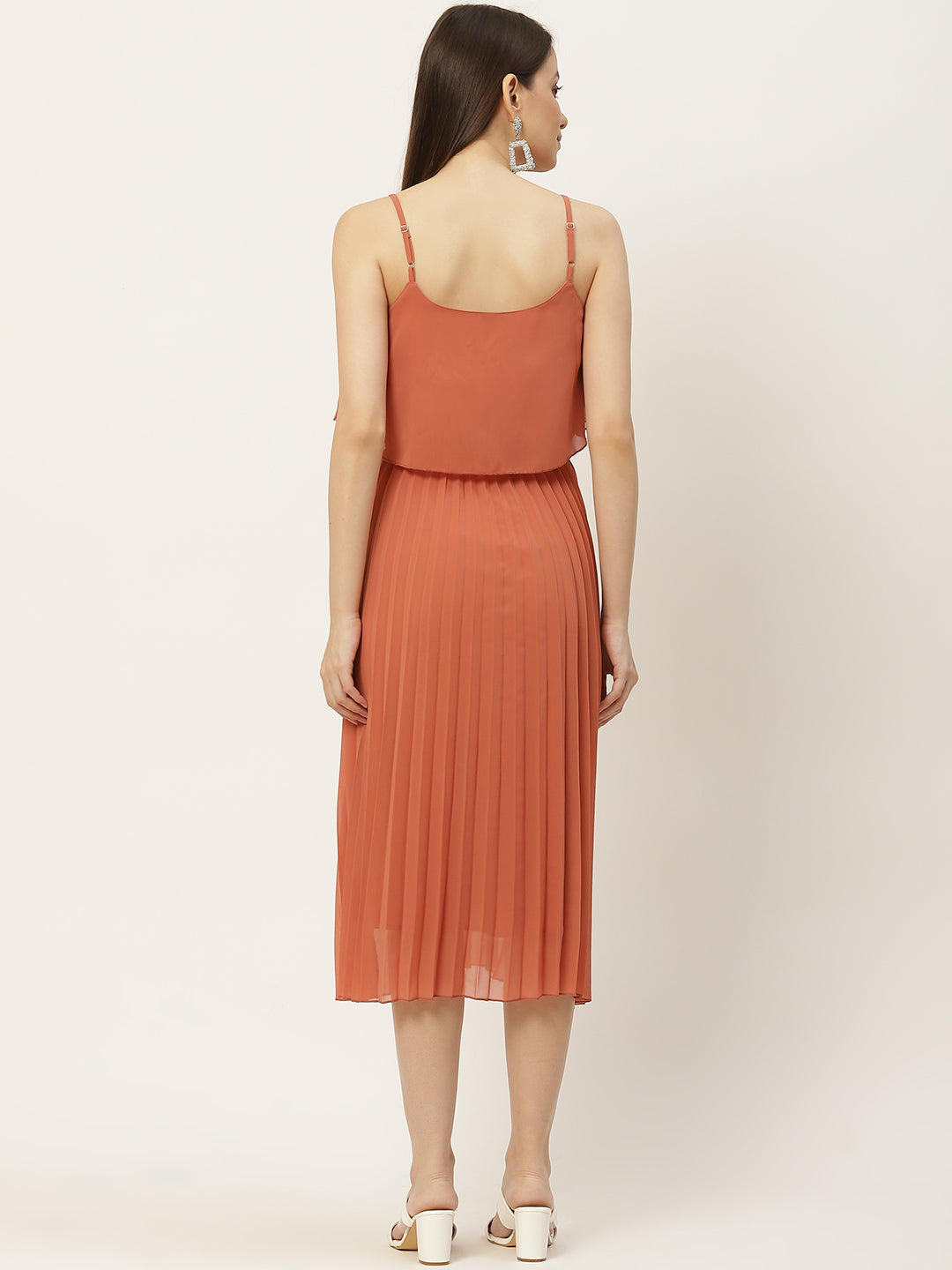 Women A-line Peach Pleated Dress