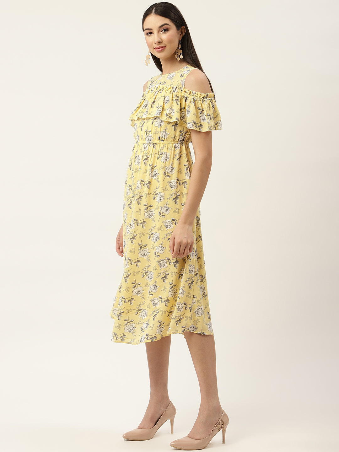 Yellow Floral Georgette Midi Dress