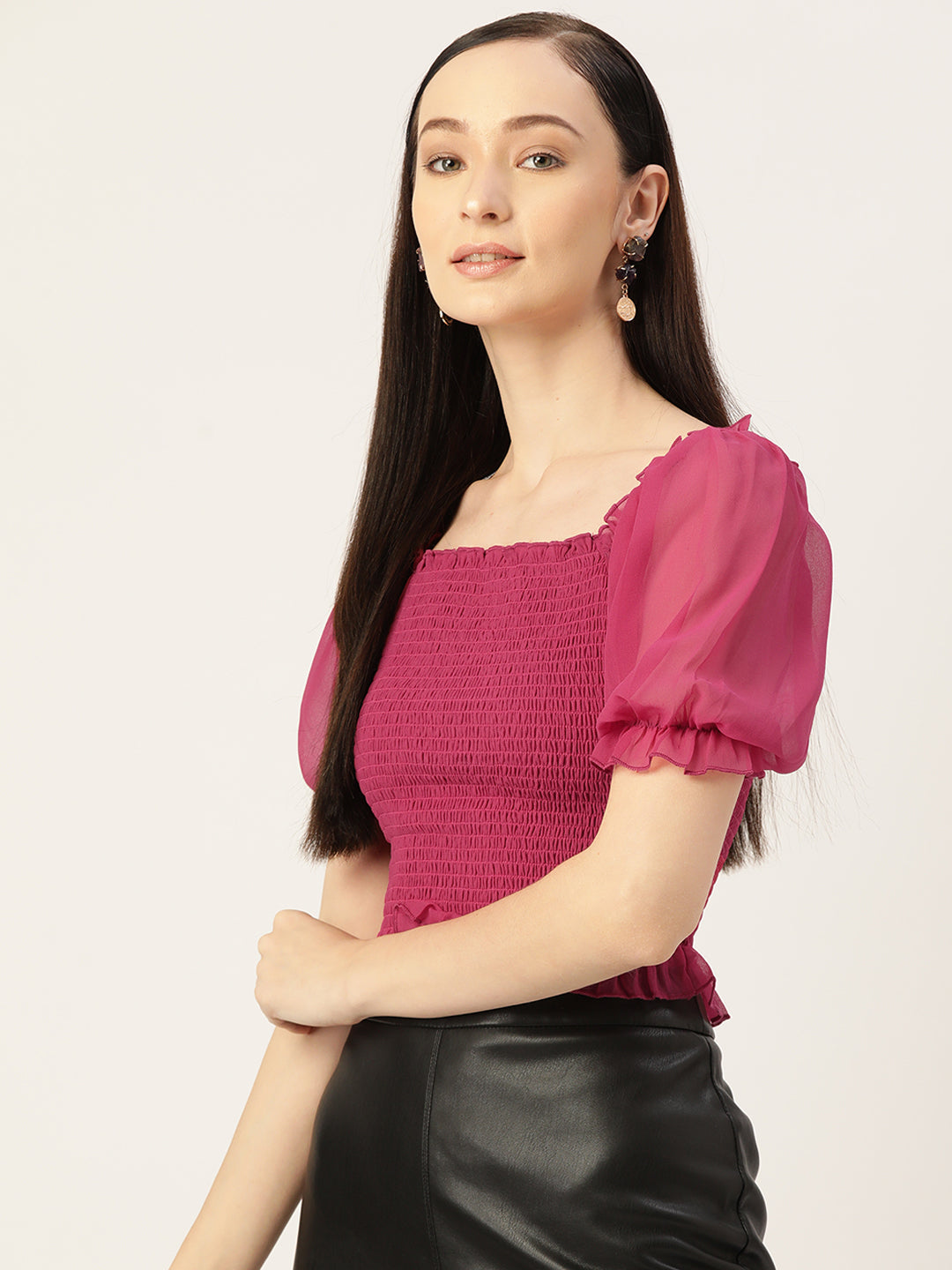 Pink Smocked Georgette Crop Top