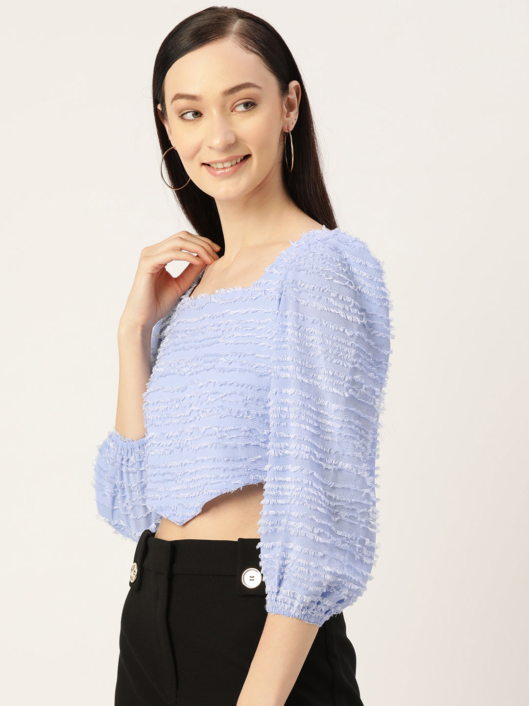 Blue Textured Georgette Crop Top