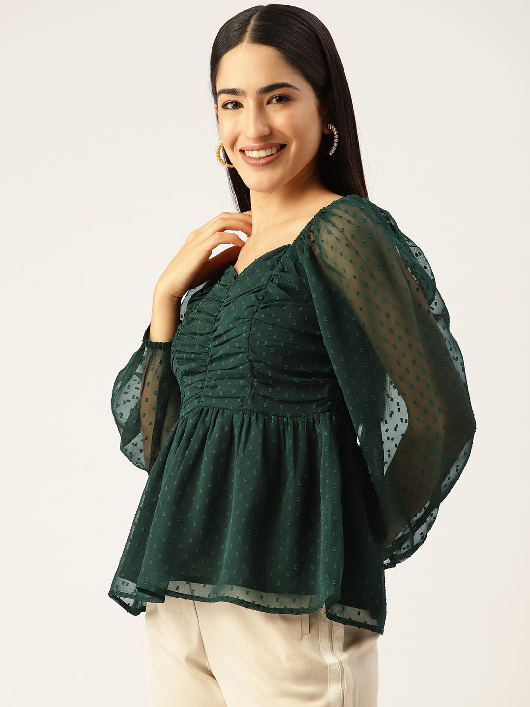 Dark Green Sweetheart Neck Georgette Peplum Top