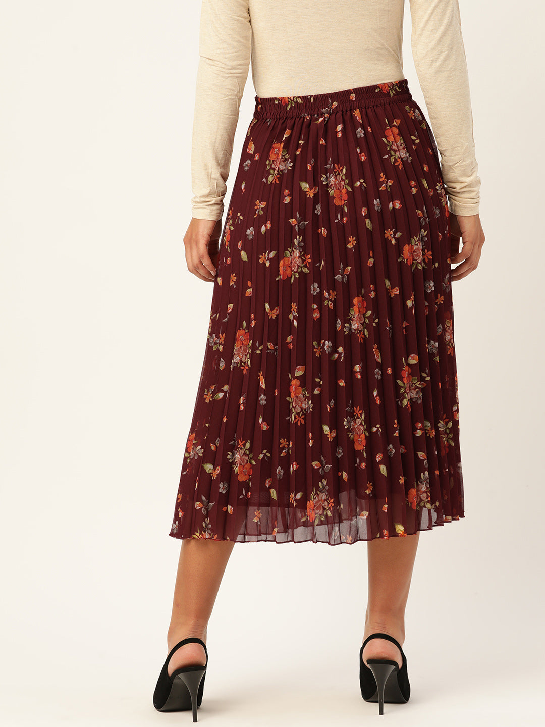 Maroon Floral Printed Accordion Pleated Midi Skirt