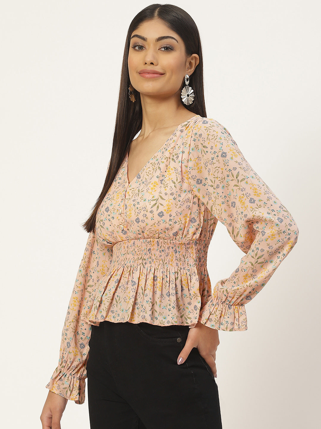 Floral Print Smocked Georgette Peplum Top