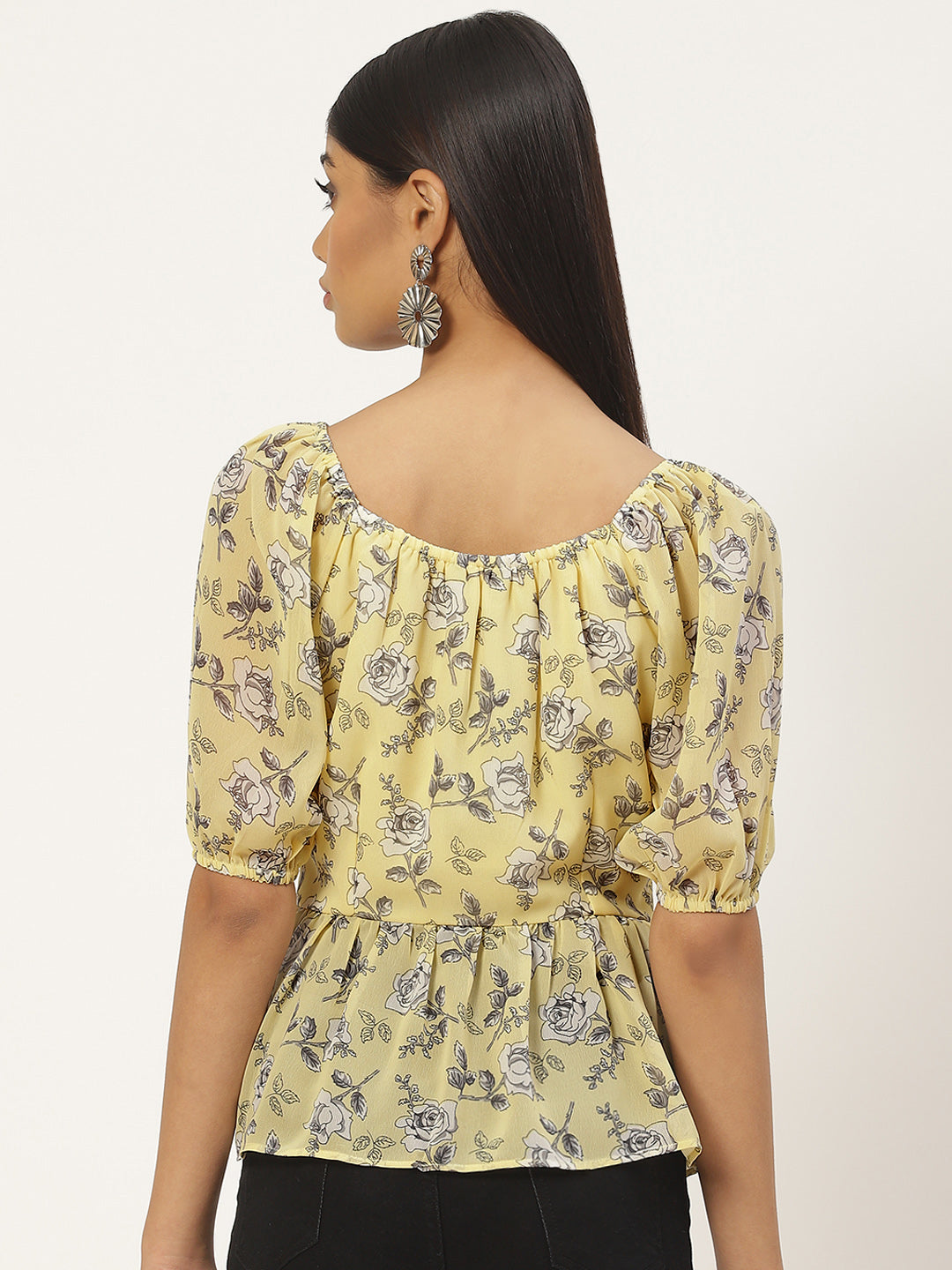 Floral Print Sweetheart Neck Georgette Peplum Top