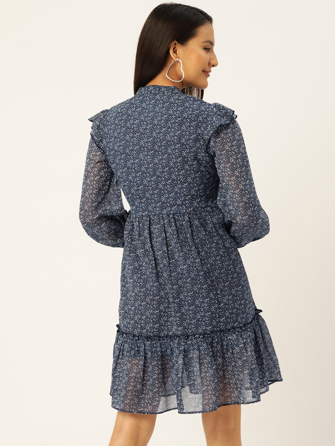 Floral Print Georgette Extended Sleeves Tiered A-Line Dress