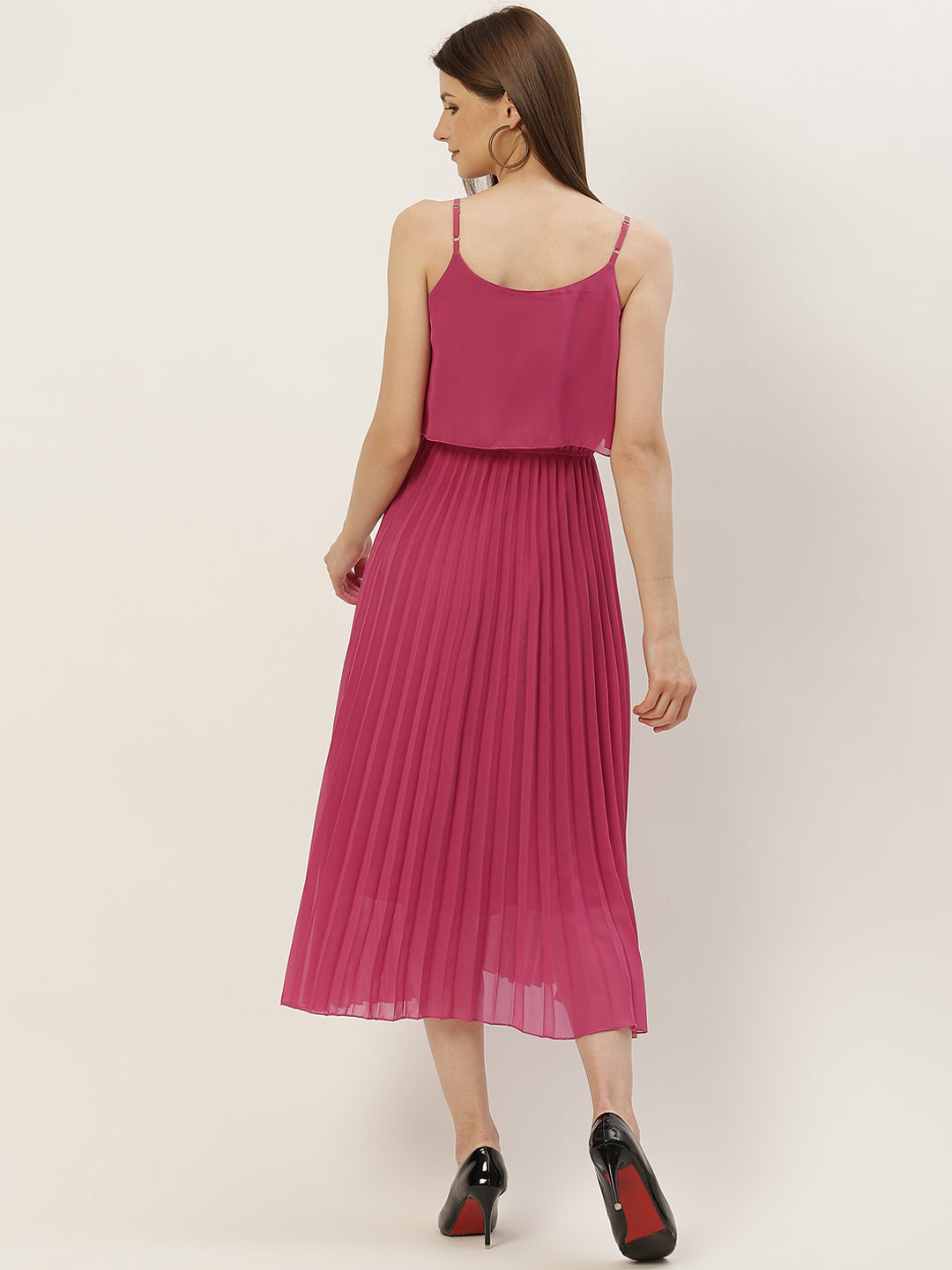 Women A-line Pink Pleated Dress