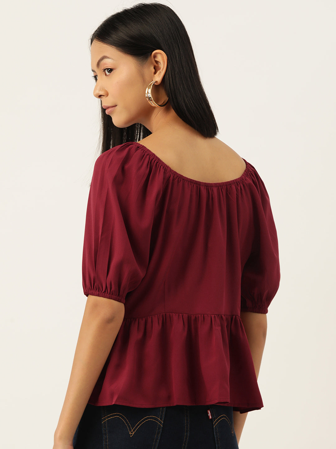 Maroon Solid Sweetheart Neck Puff Sleeve Crepe Peplum Top