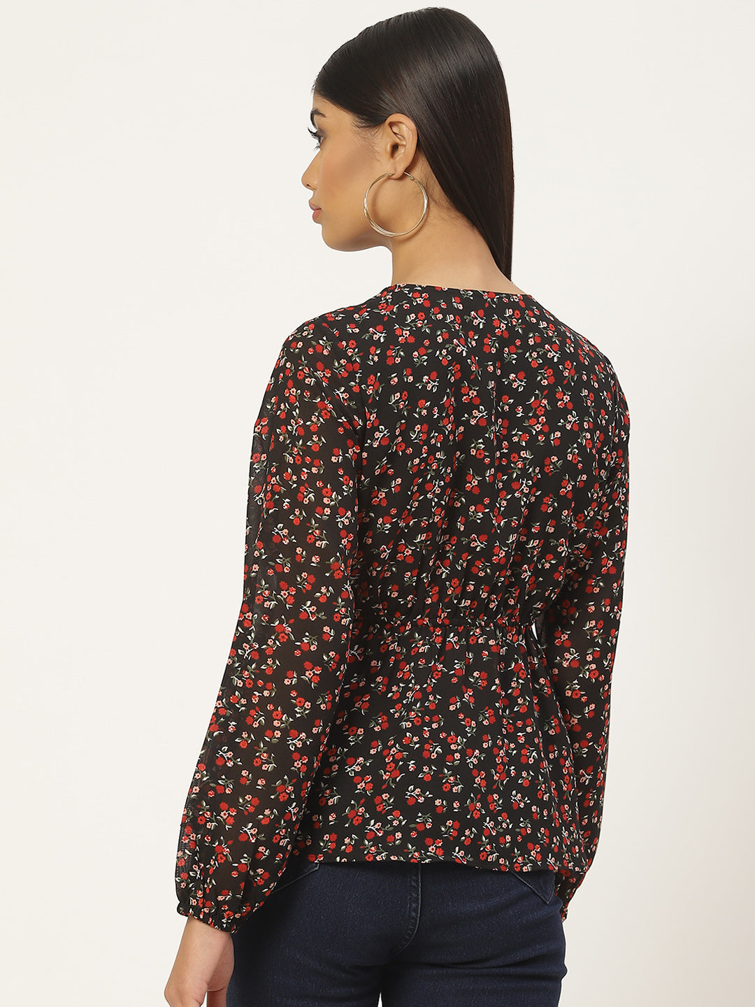 Multicloured Floral Print Tie-Up Neck Georgette Peplum Top