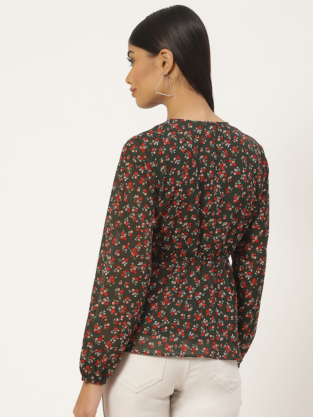 Multiclored Floral Print Tie-Up Neck Georgette Peplum Top