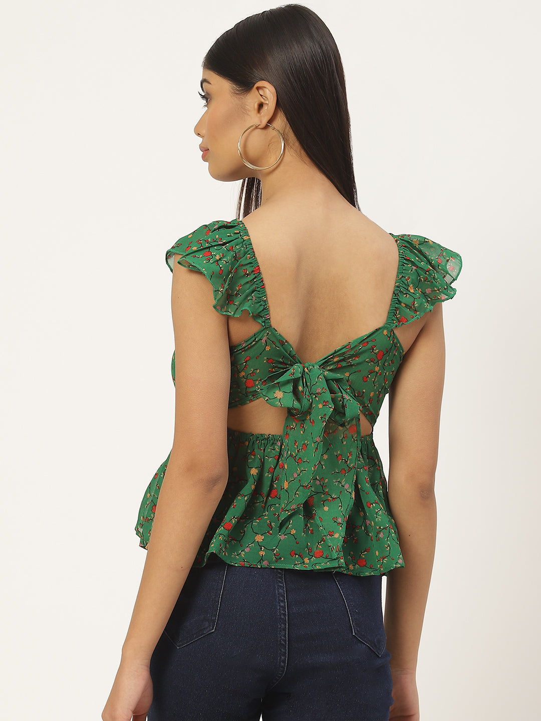 Green Floral Print Georgette Peplum Top