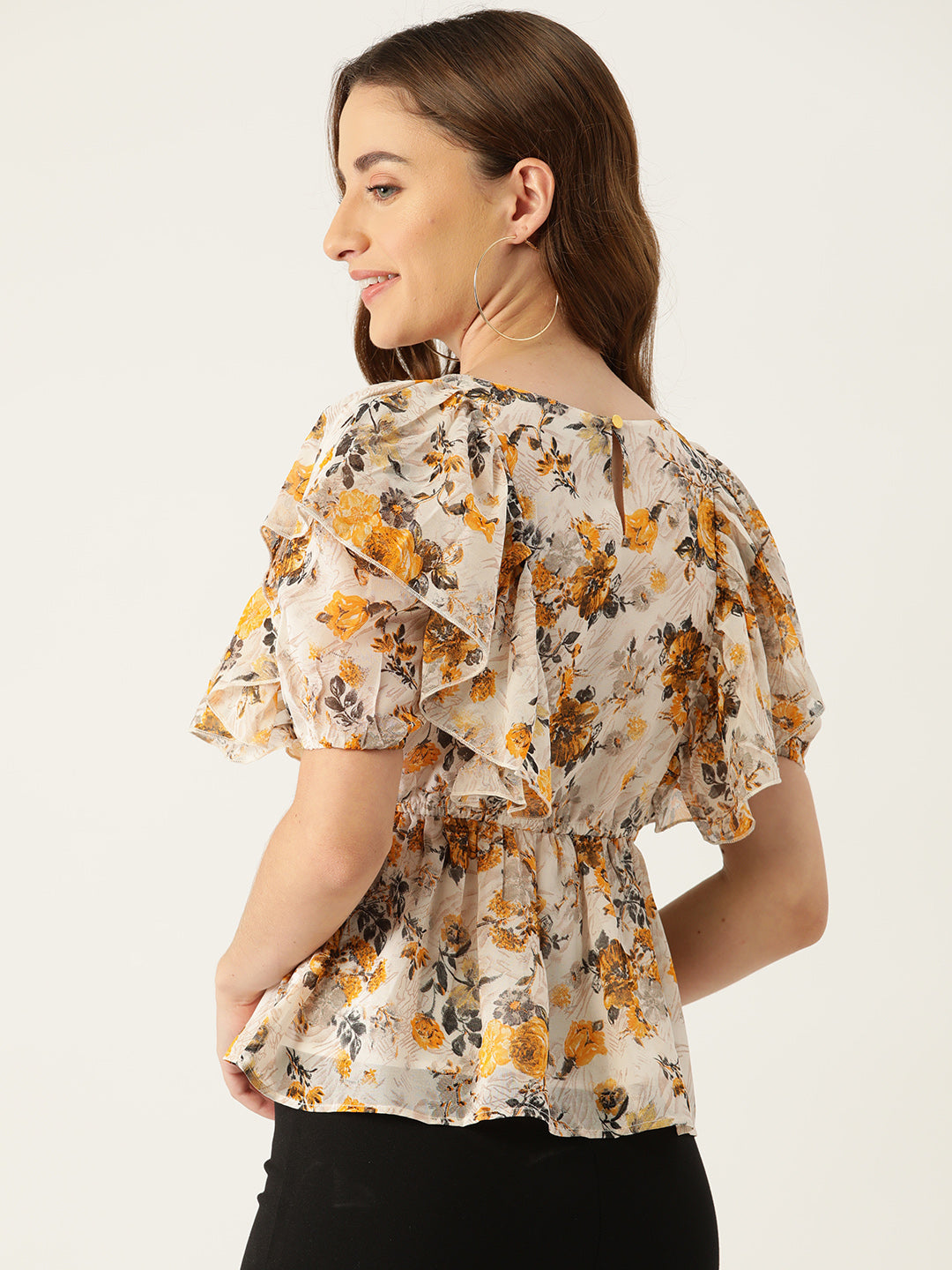 Slenor Floral Printed Flared Sleeve Crepe Peplum Top