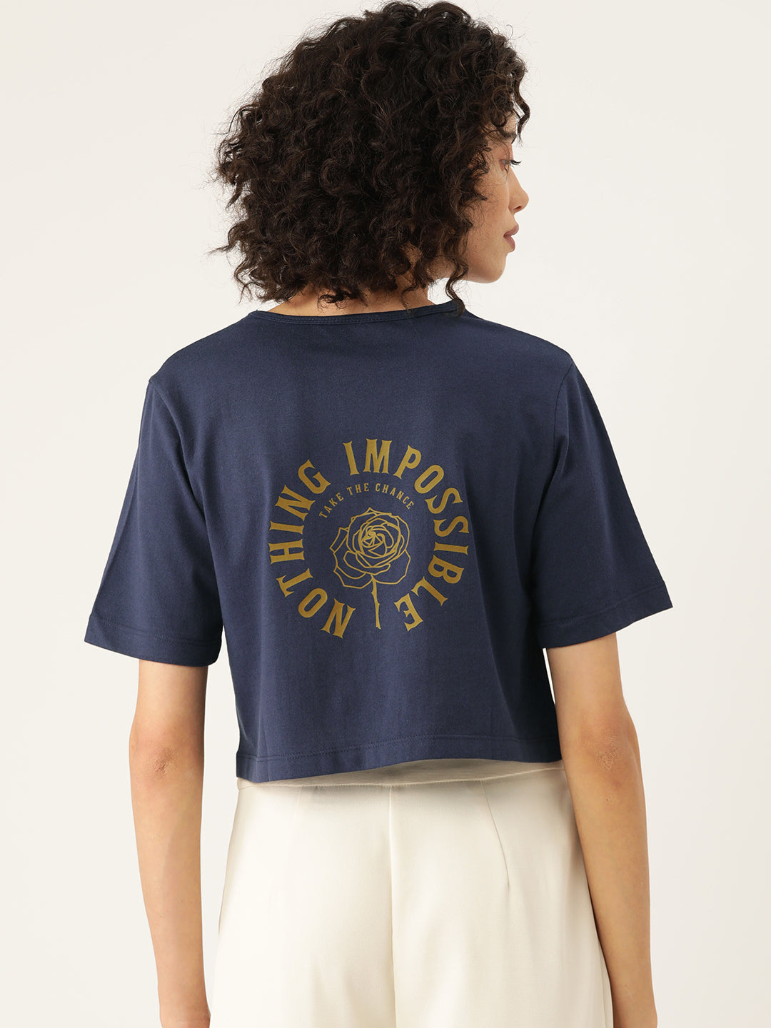 Slenor Women ' s Navy Blue Typography Front & Back Printed Crop T-shirt