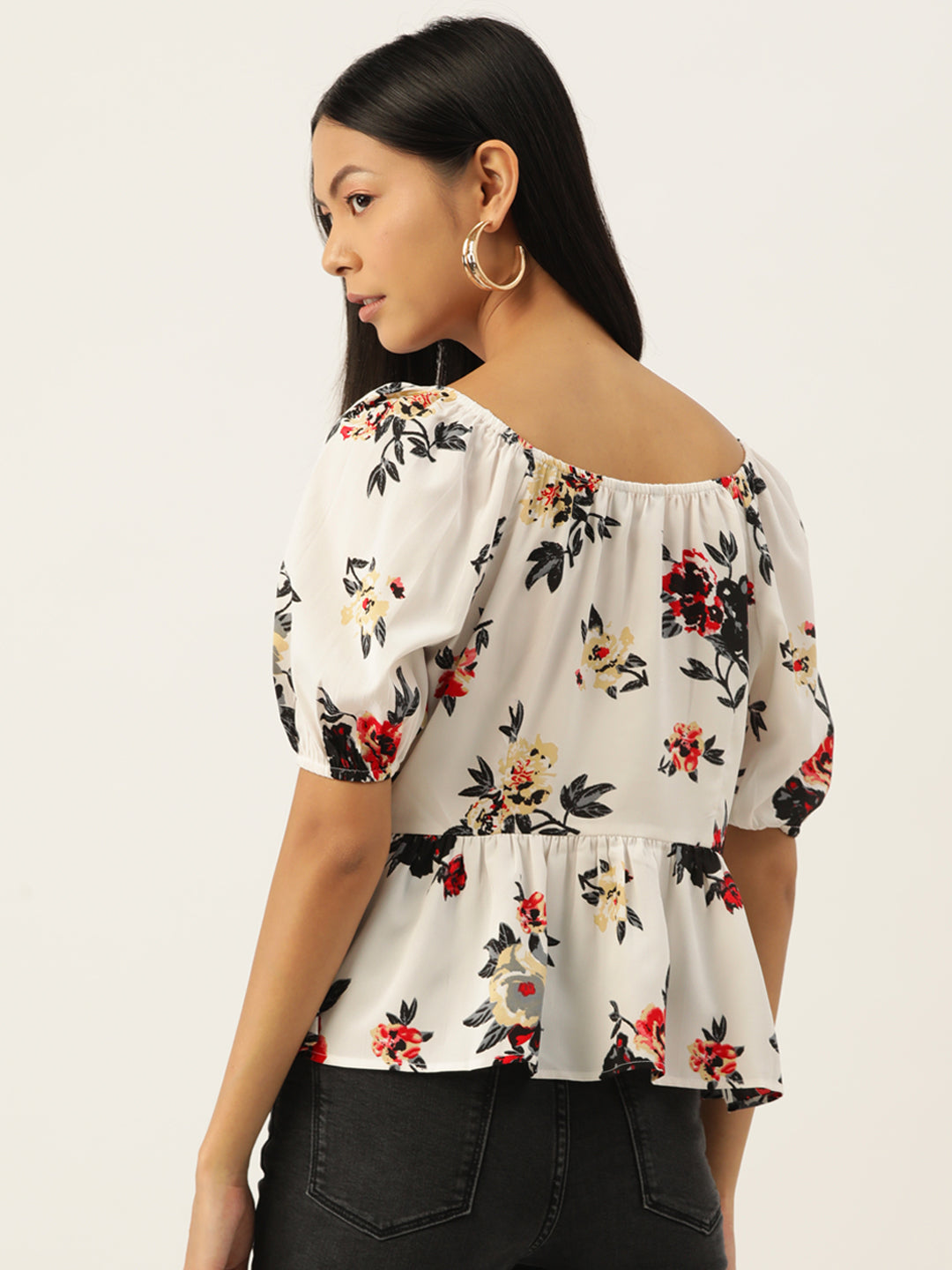 Slenor Floral Print Puff Sleeve Crepe Peplum Top