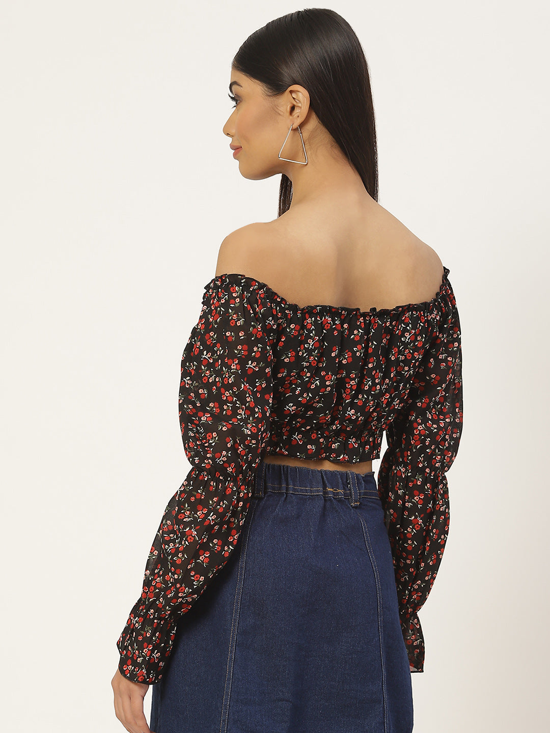 Floral Print Off-Shoulder Georgette Blouson Crop Top