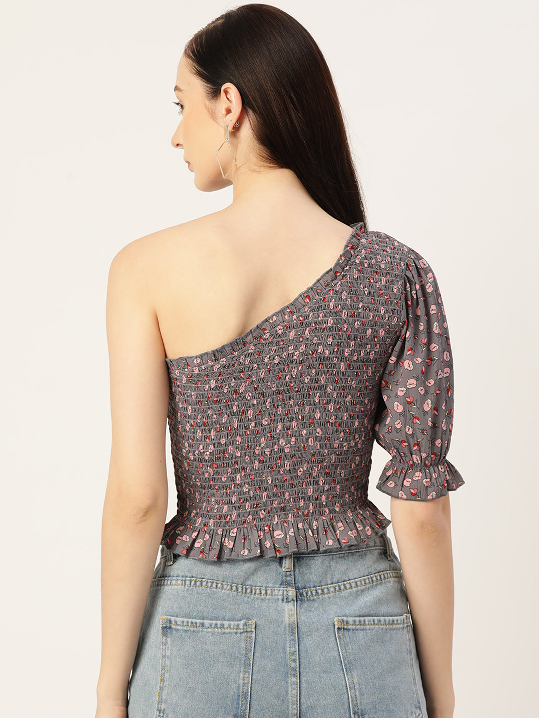 Grey Floral Print Smocked One Shoulder Crepe Top