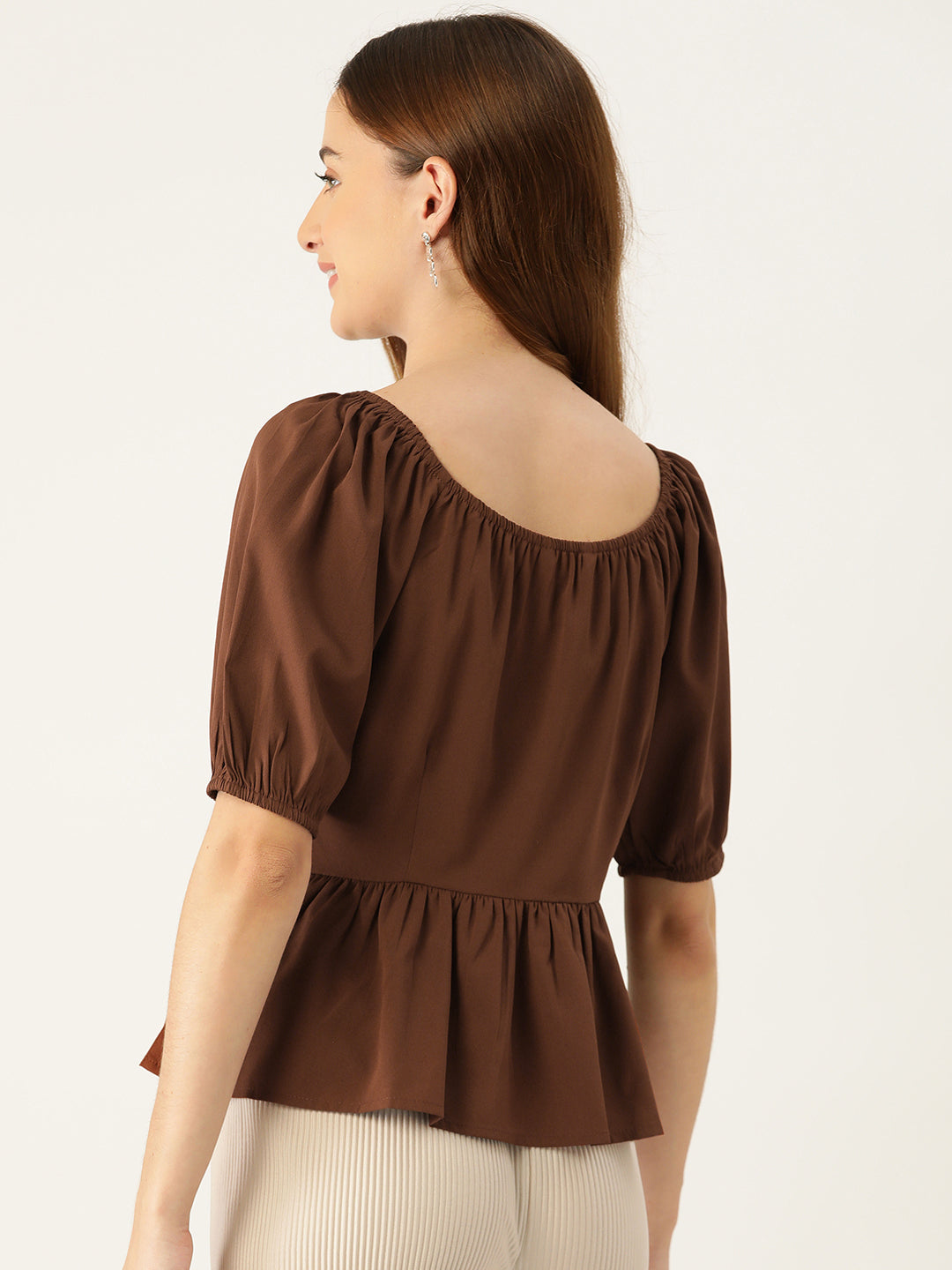 Brown Solid Sweetheart Neck Puff Sleeve Crepe Peplum Top