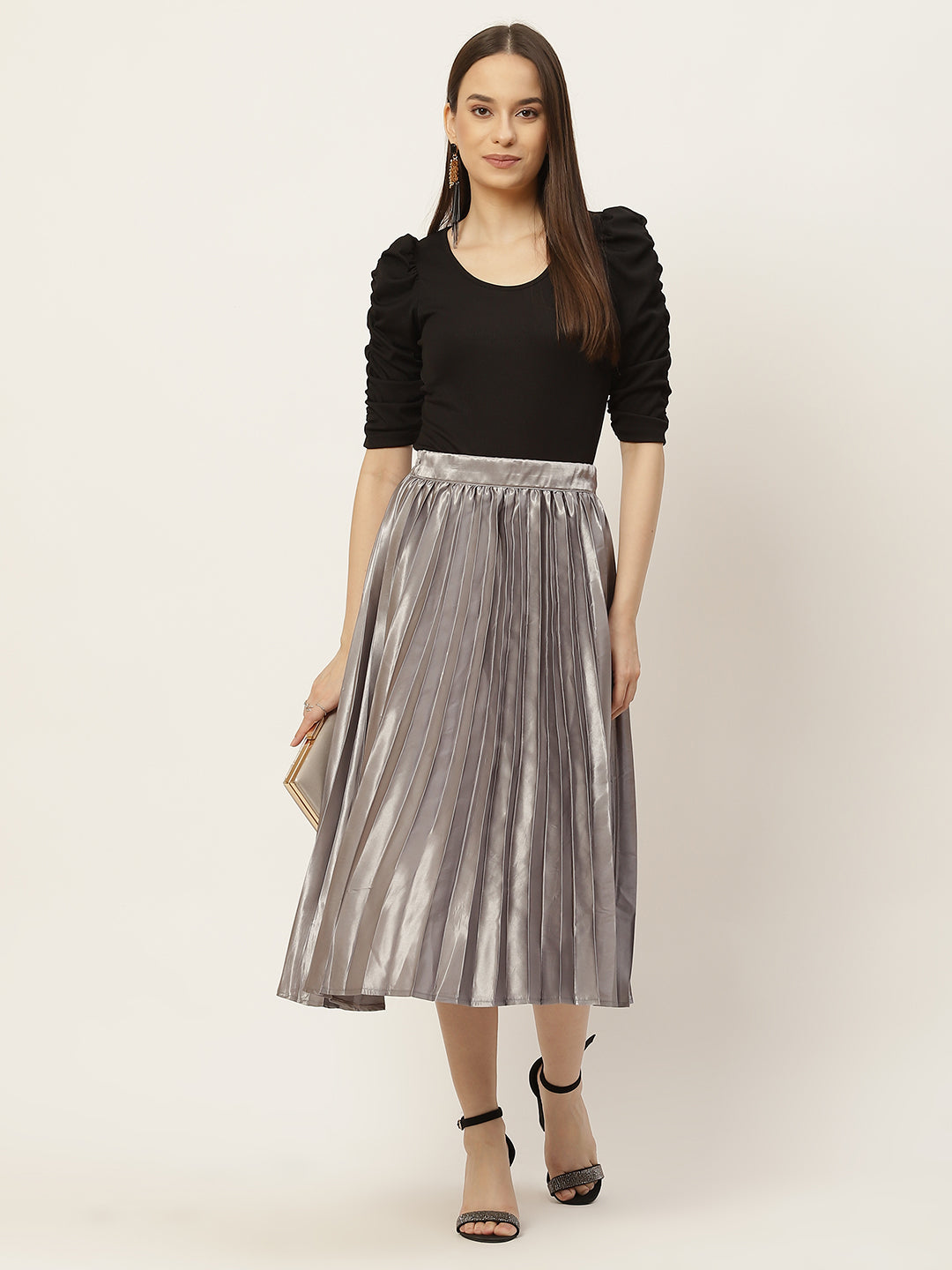 Women Solid Blue Pleated Skirt