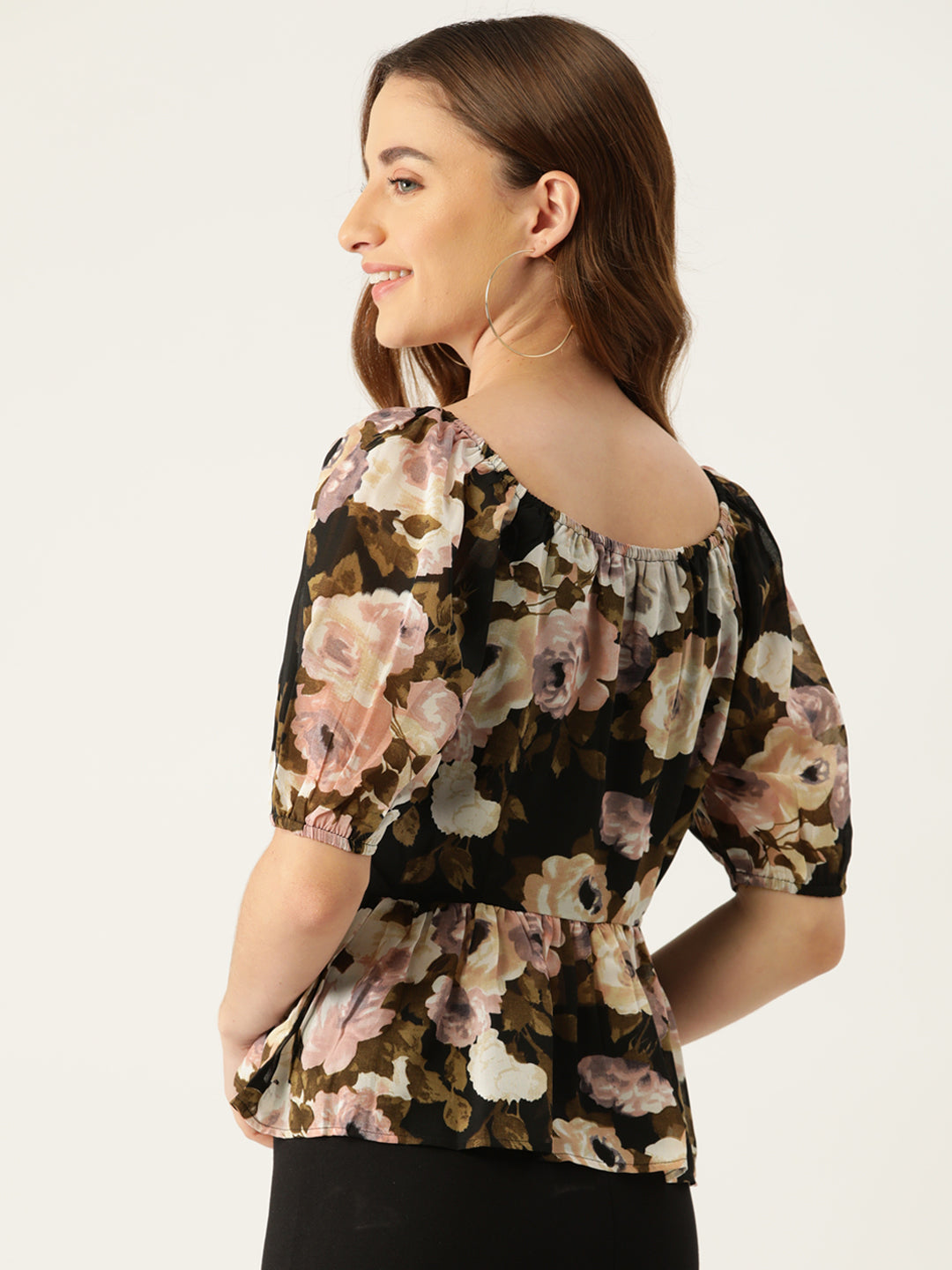 Slenor Floral Printed Sweetheart Neck Puff Sleeve Georgette Peplum Top