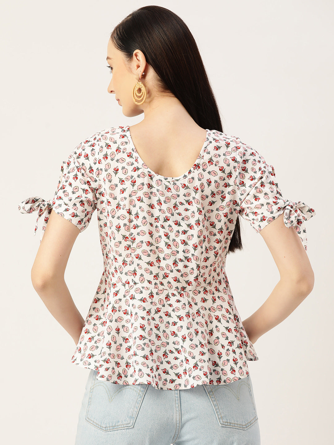 White Floral Print Crepe Top