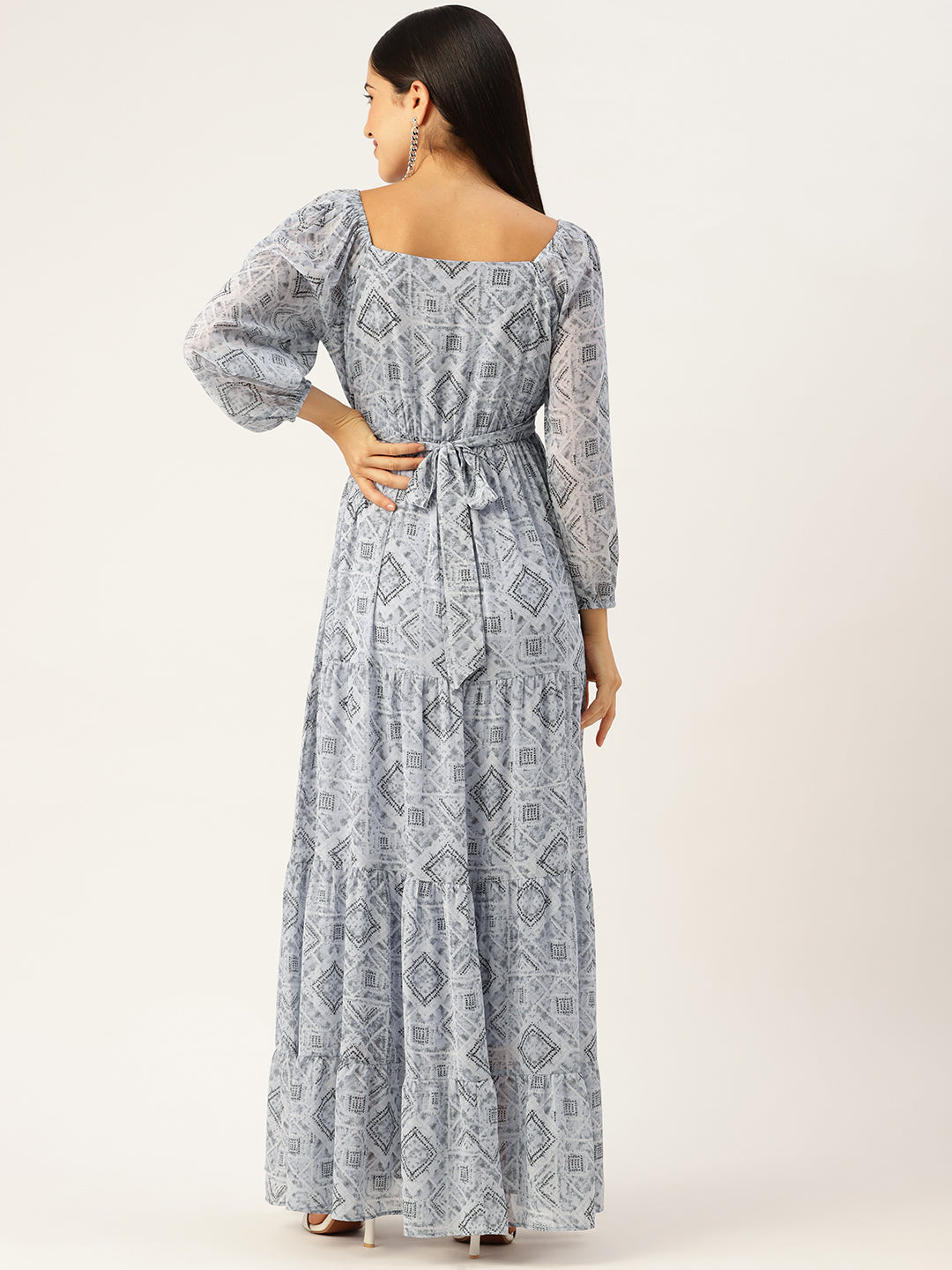 Blue Geometric Printed Puff Sleeves Georgette A-Line Maxi Dress