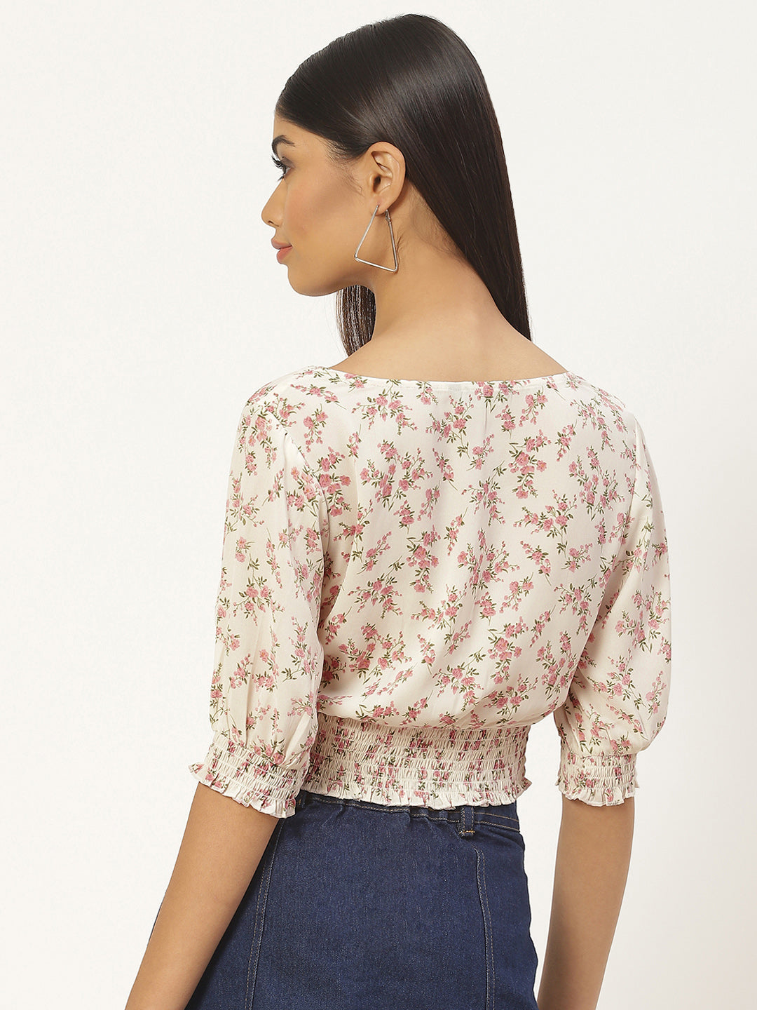 Off White Floral Print Smocked Georgette Blouson Top