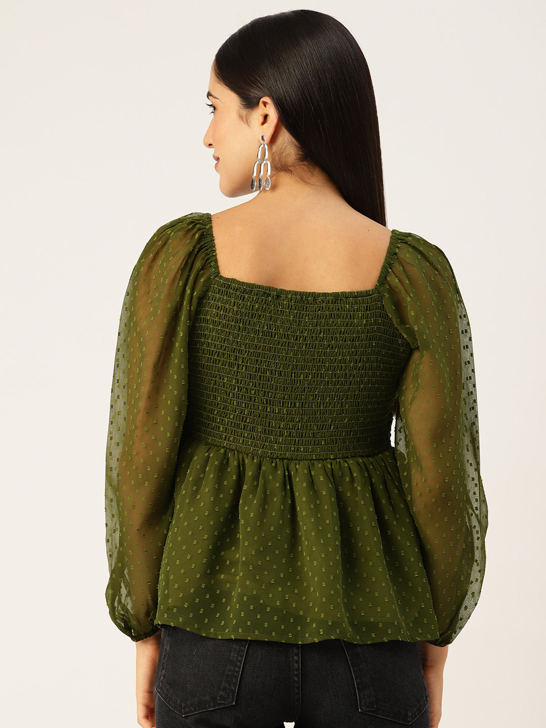 Olive Green Sweetheart Neck Georgette Peplum Top