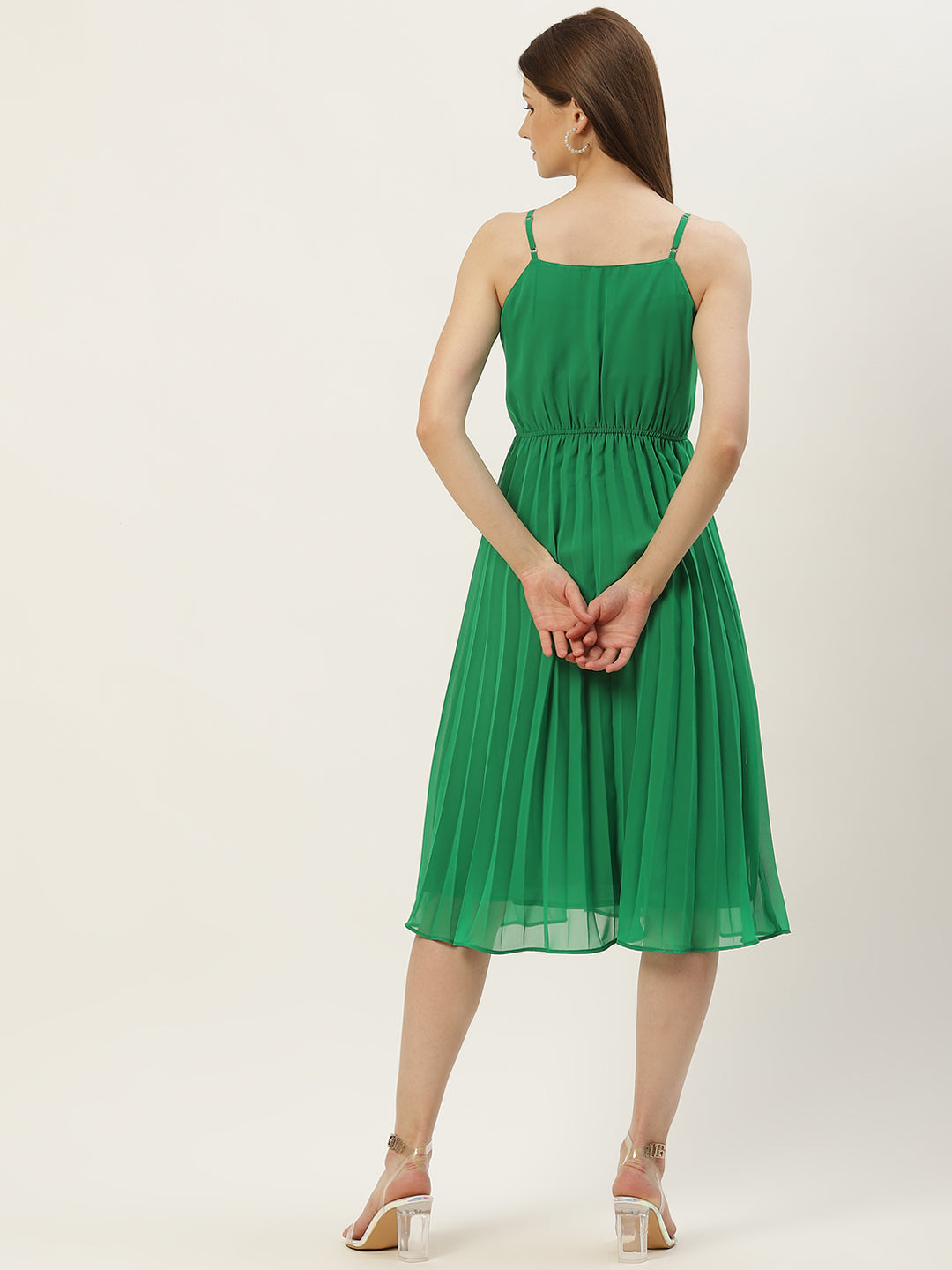 Women Green Embroidered A-Line Midi Dress