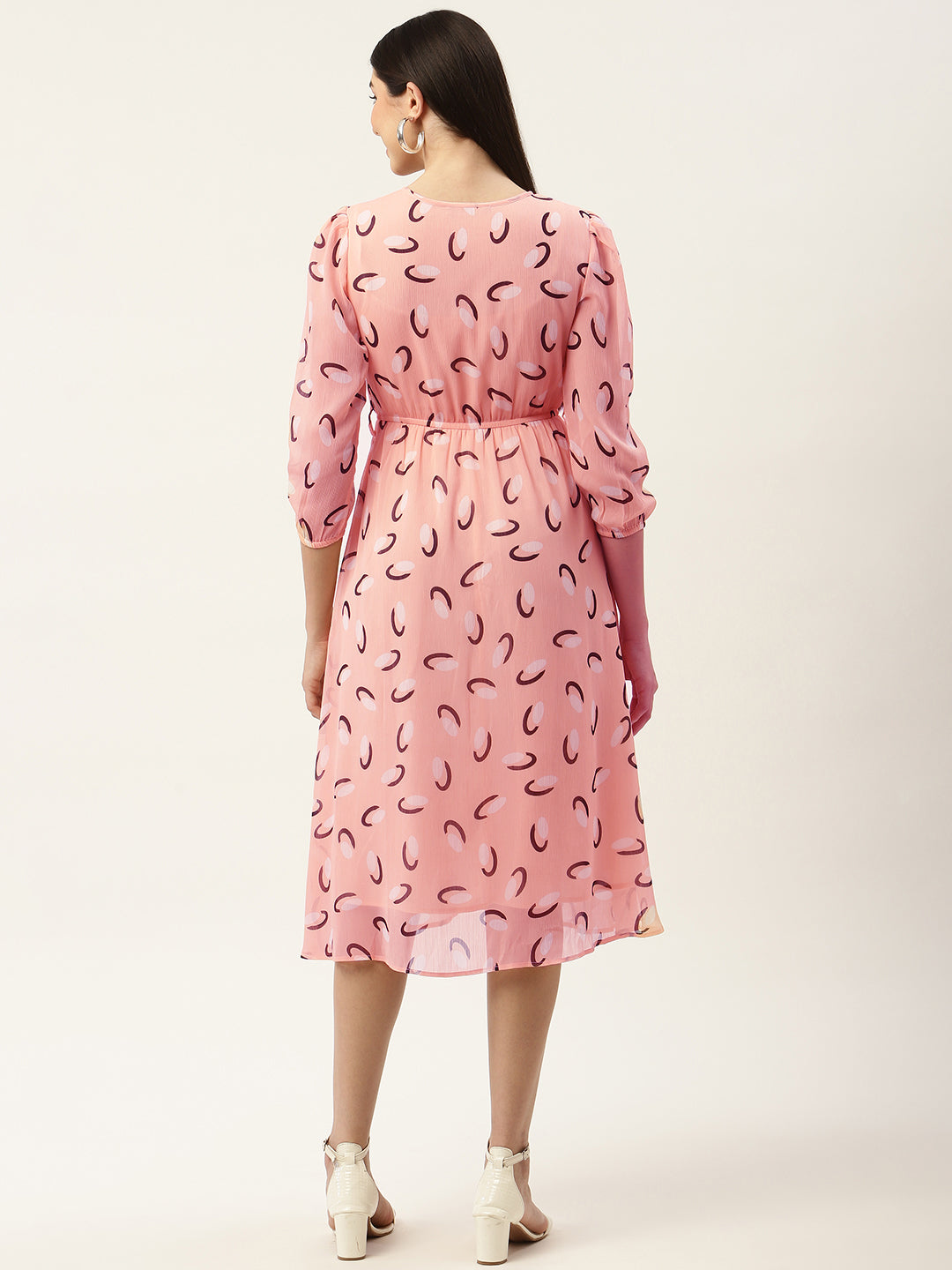 Peach-Coloured Keyhole Neck Chiffon Midi Dress