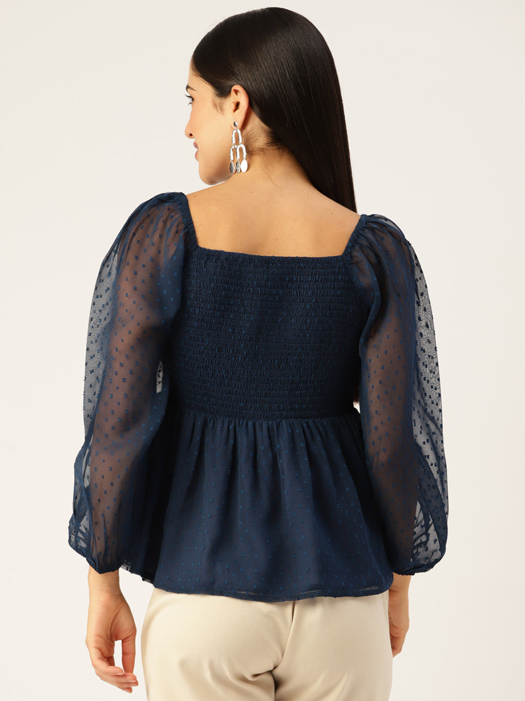 Navy Blue Sweetheart Neck Georgette Peplum Top