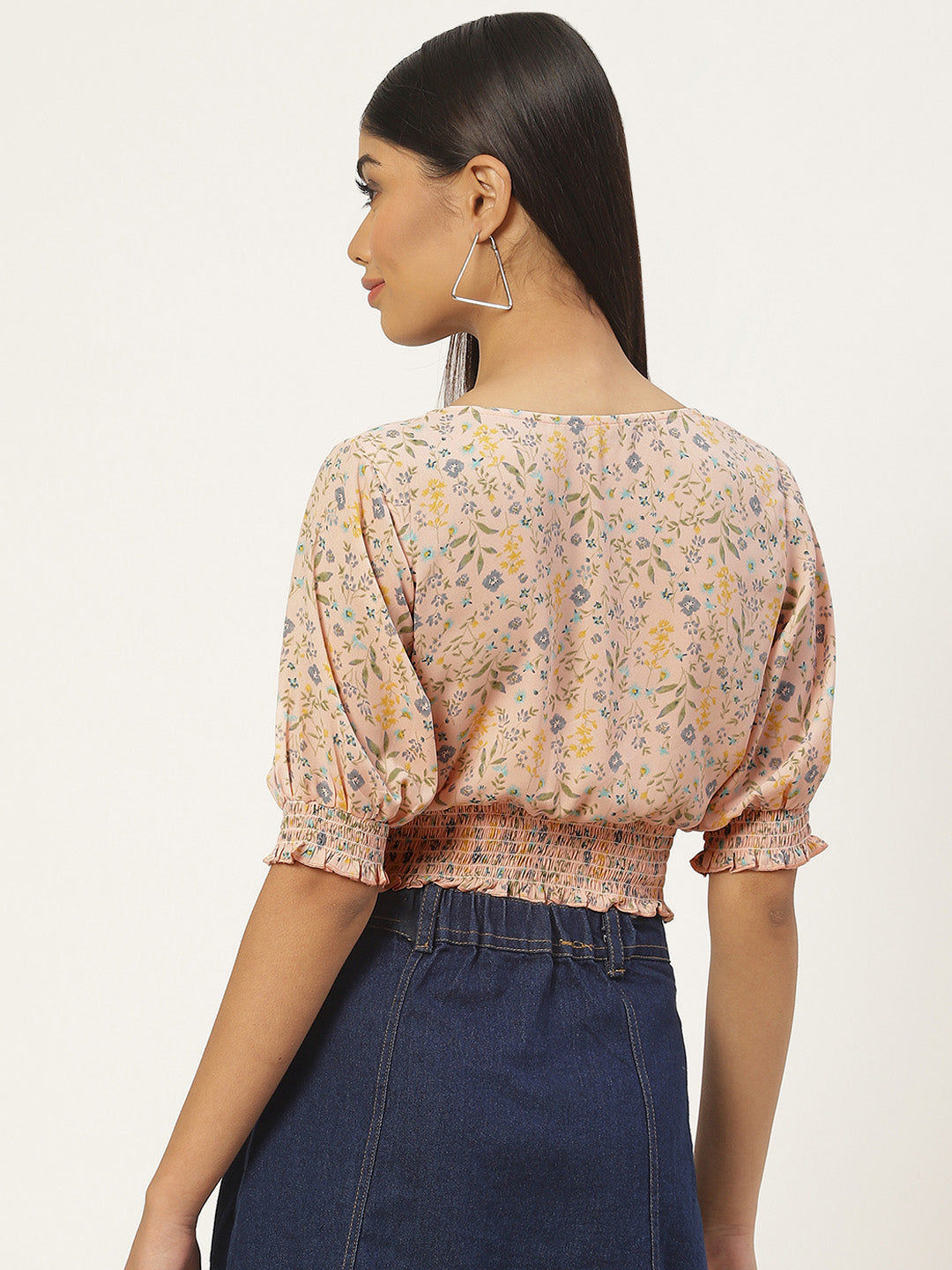 Peach Floral Print Smocked Georgette Blouson Top