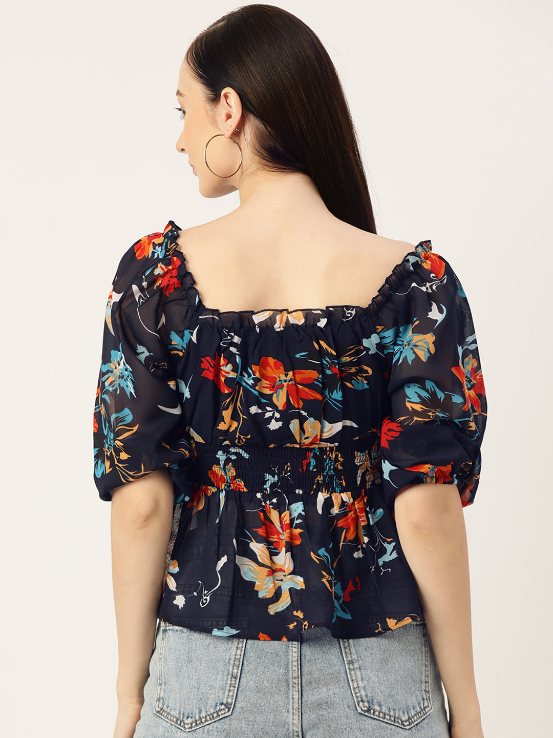 Navy Blue Floral Print Georgette Peplum Top