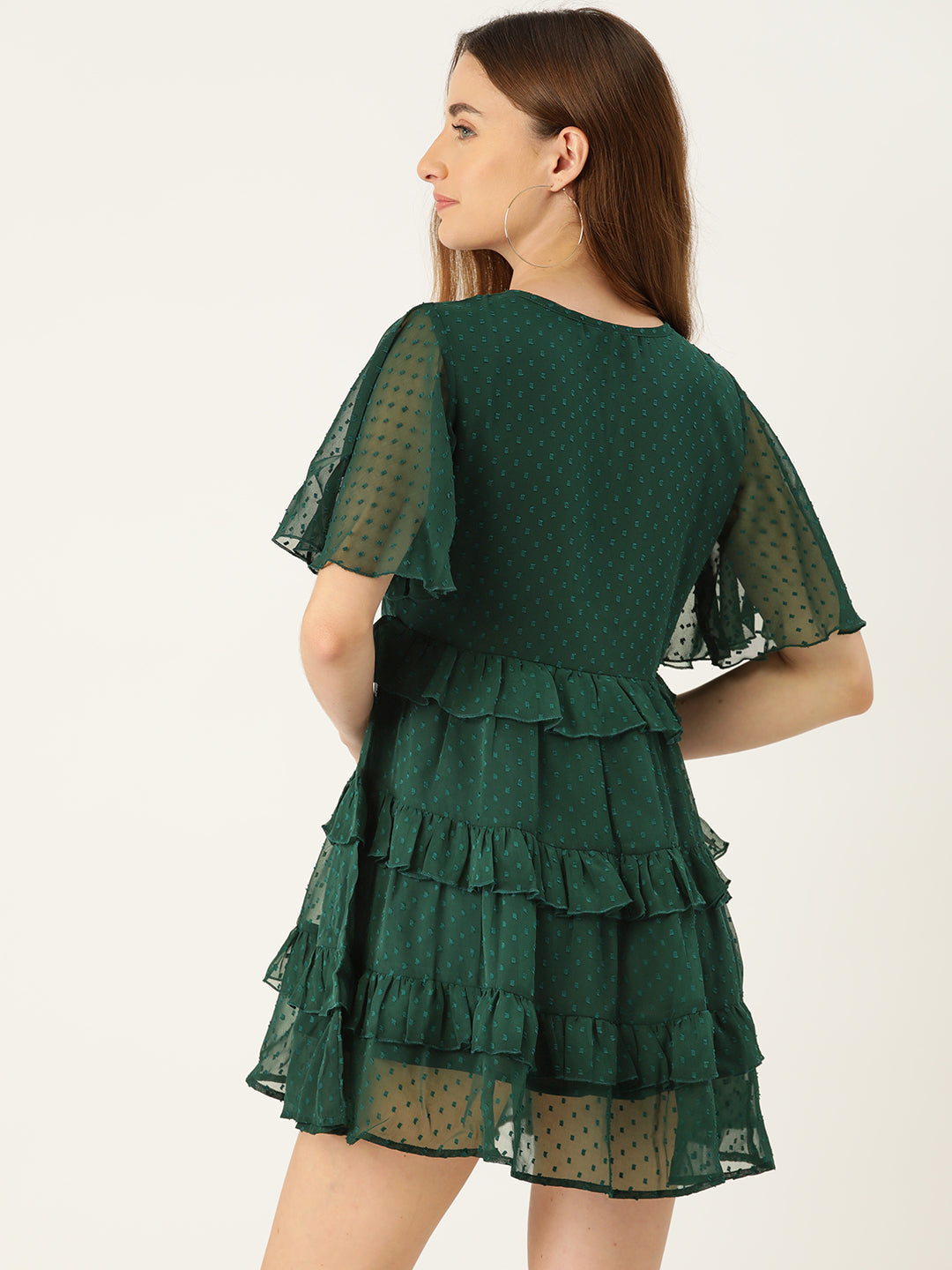 Slenor Keyhole Neck Flared Sleeve Ruffled Georgette A-Line Dress