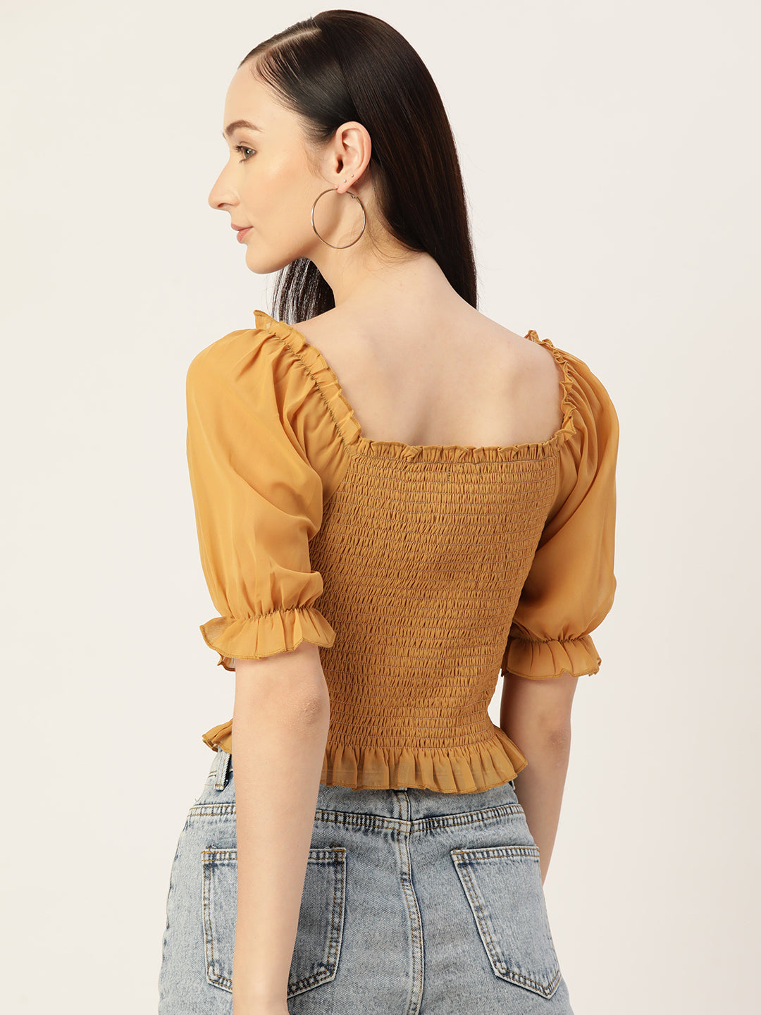 Mustard Smocked Georgette Crop Top