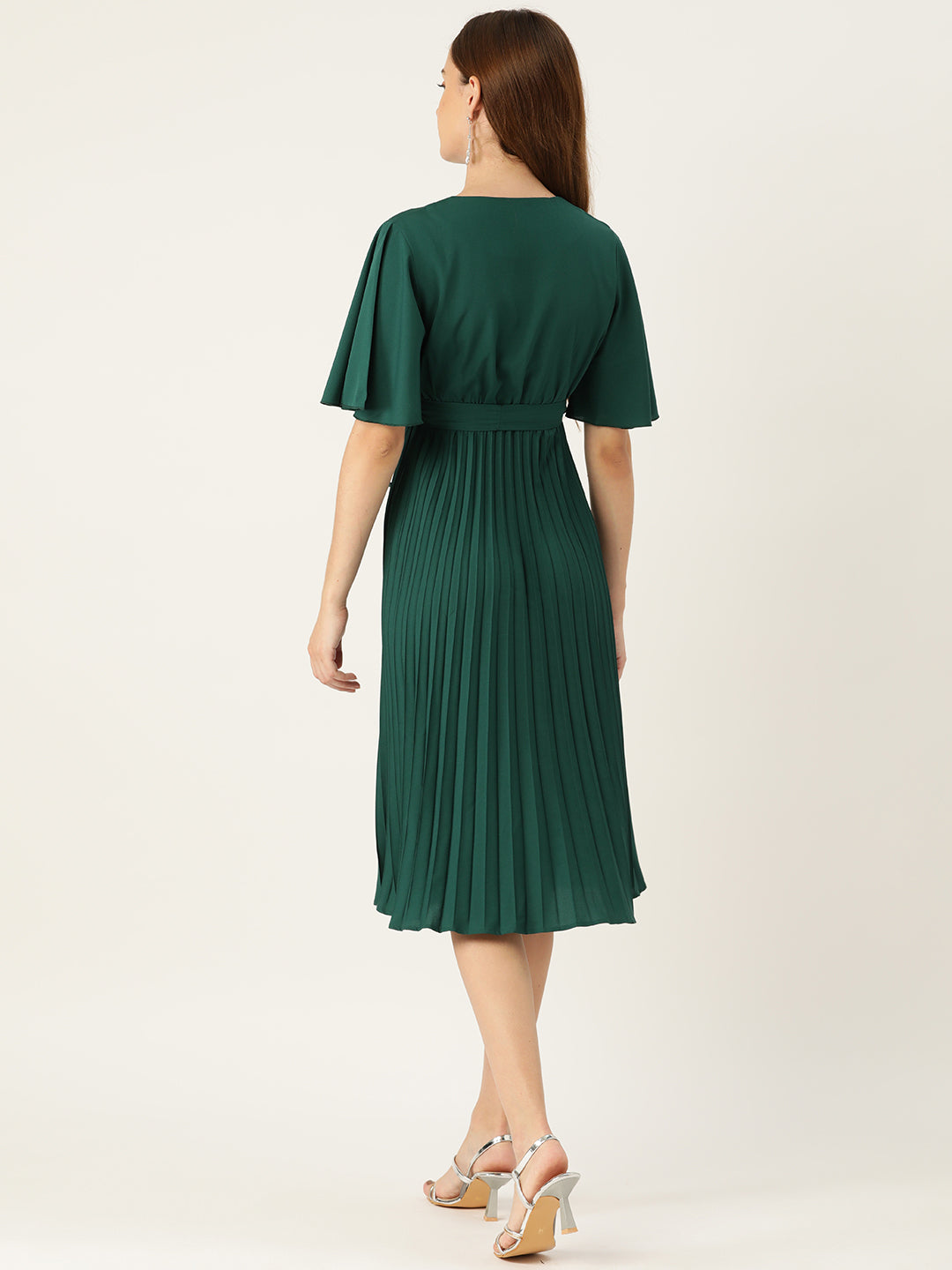 Slenor Flared Sleeve Tie-Ups Crepe A-Line Dress