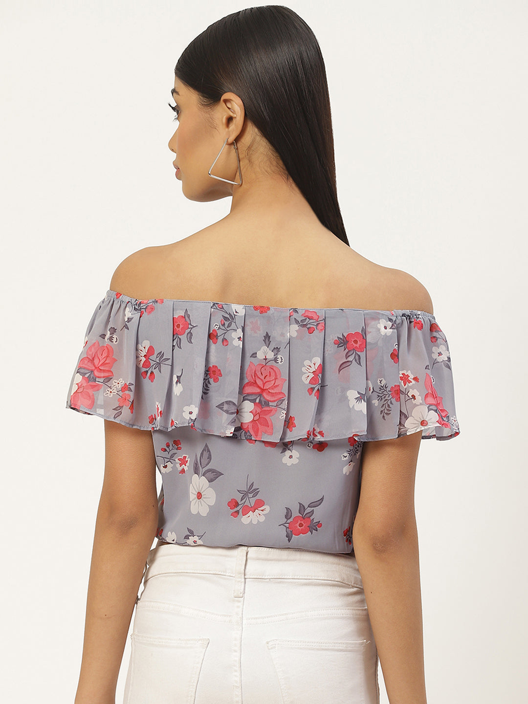 Grey Floral Print Off-Shoulder Ruffles Bardot Top