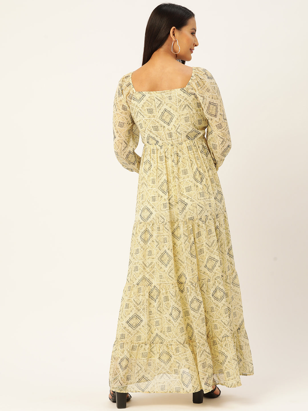 Geometric Printed Puff Sleeves Georgette A-Line Maxi Dress