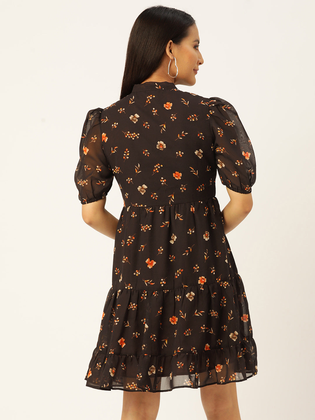 Floral Print Puff Sleeves Tie-Up Neck Georgette A-Line Dress