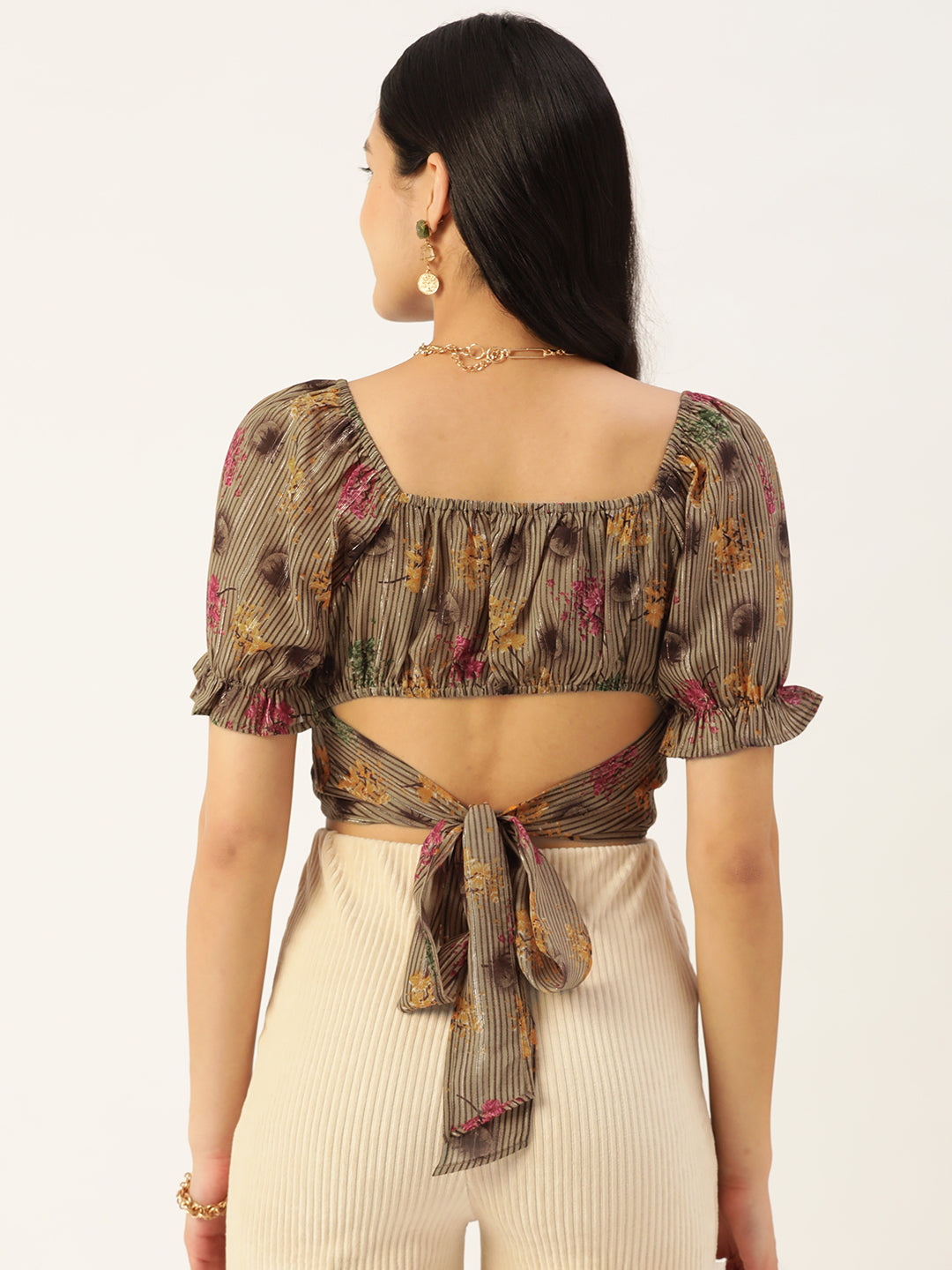 Floral Print Sweetheart Neck Georgette Crop Top