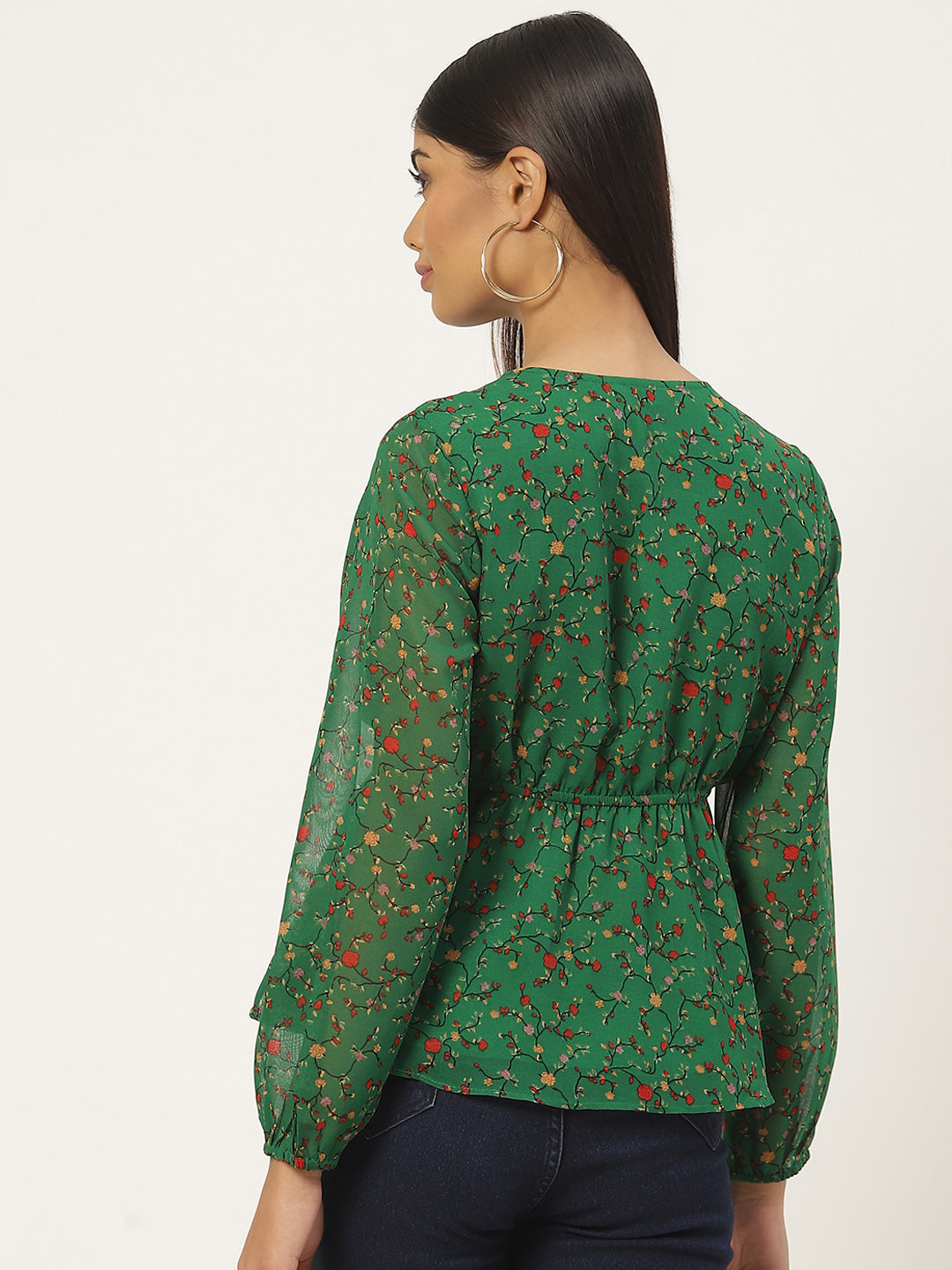 Green Floral Print Tie-Up Neck Georgette Peplum Top