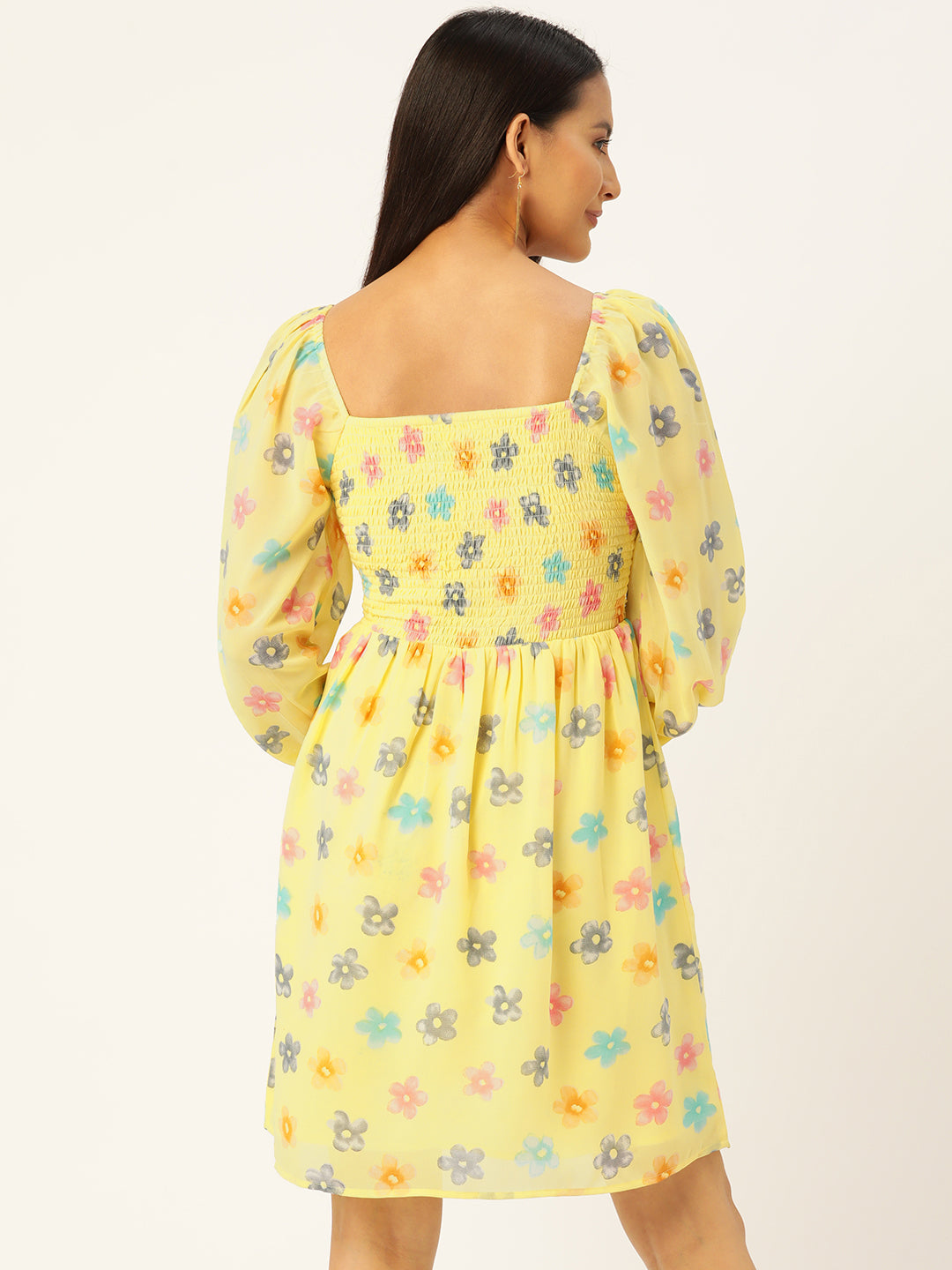 Floral Print Puff Sleeves Sweetheart Neck Georgette Dress