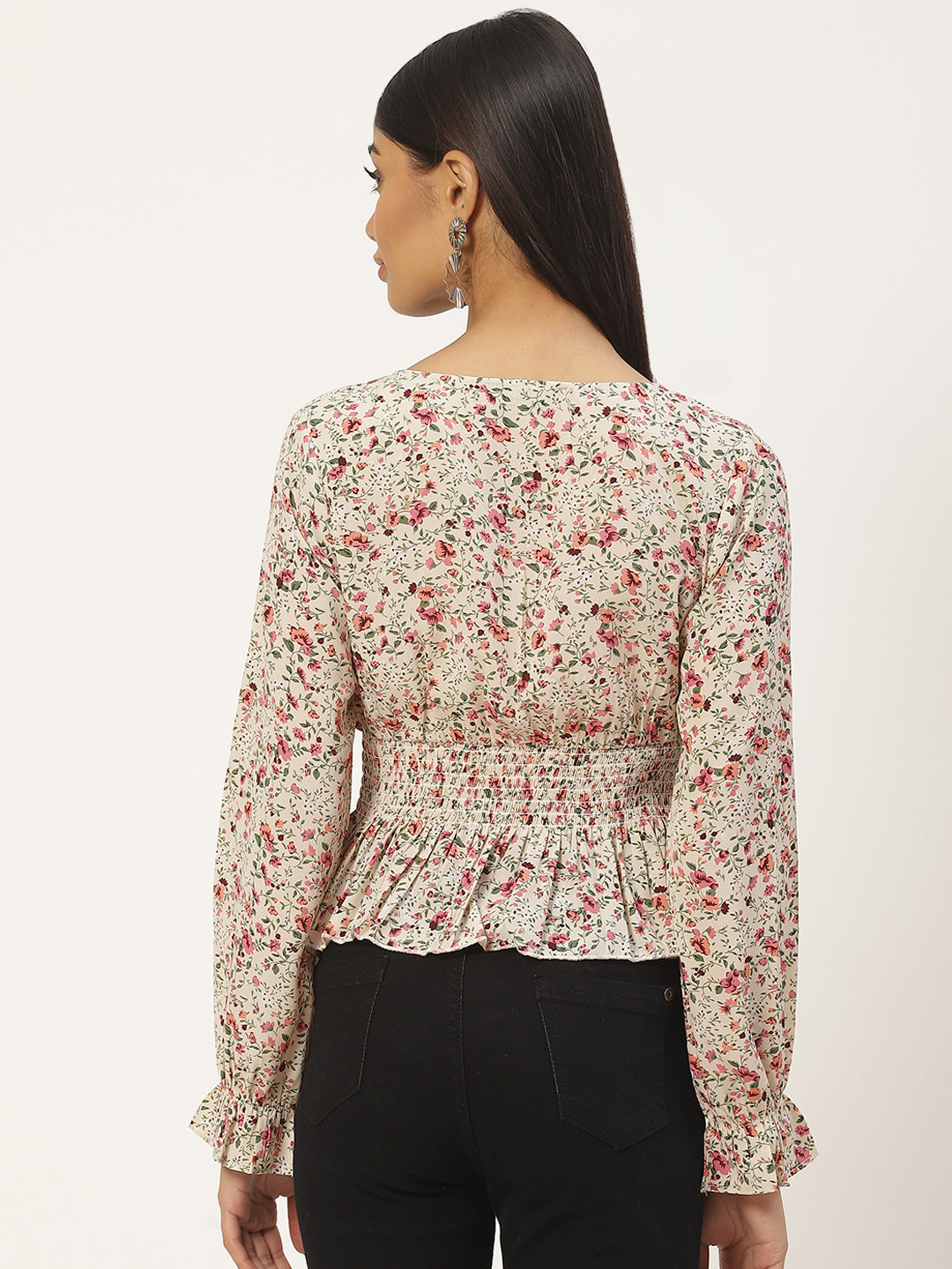 Floral Print Smocked Georgette Peplum Top