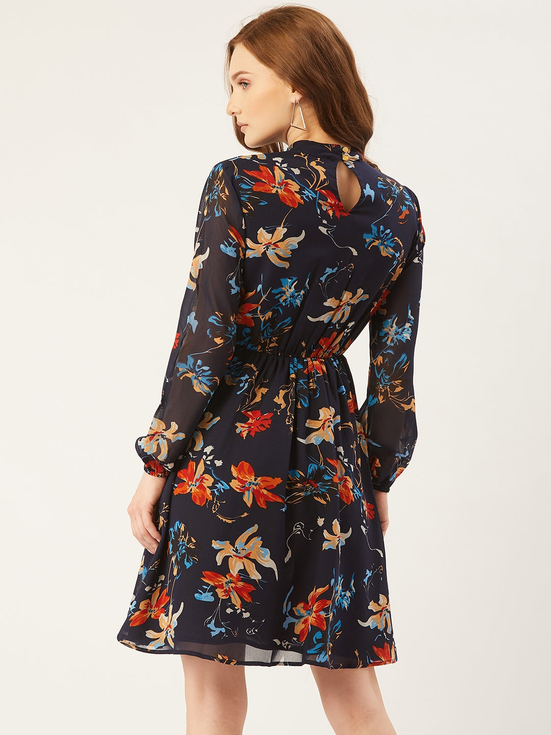 Women Navy Blue Floral Printed A-Line Dress