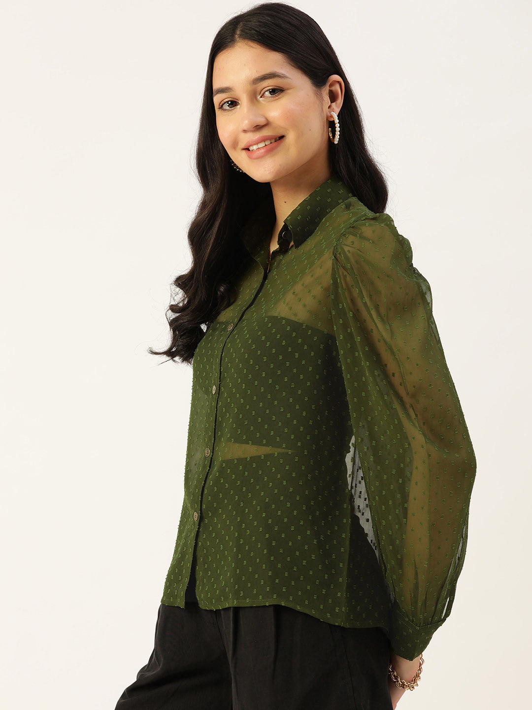 Olive Green Sheer Georgette Party Shirt