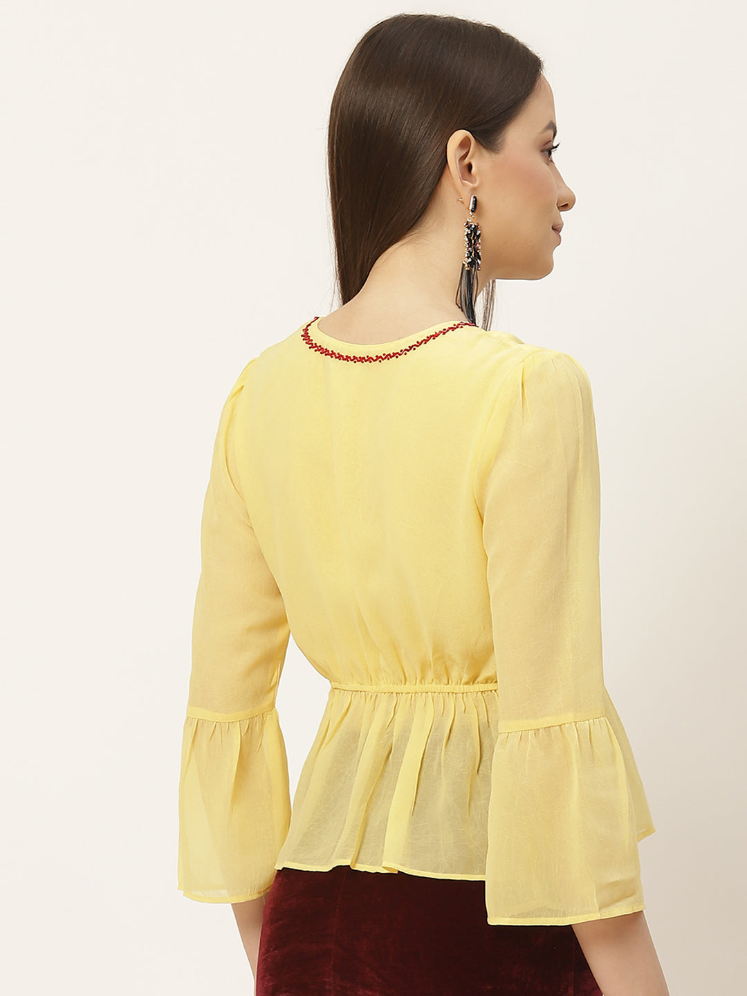 Casual Regular Sleeves Embellished Women Yellow Top