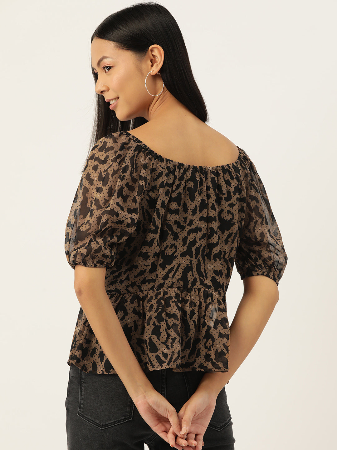 Slenor Animal Print Sweetheart Neck Puff Sleeve Georgette Peplum Top