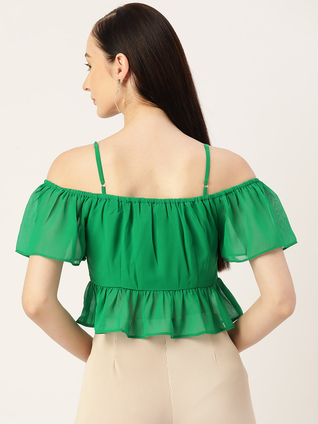 Green Ruched Georgette Bardot Top