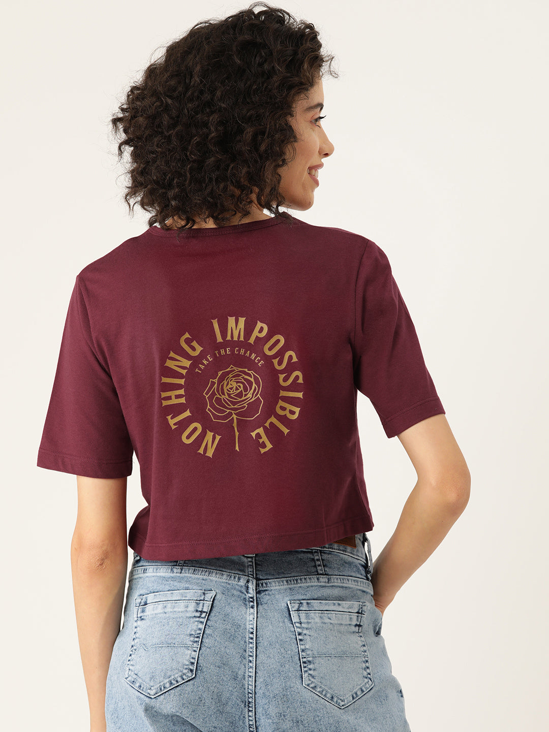 Slenor Women ' s Maroon Typography Front & Back Printed Crop T-shirt