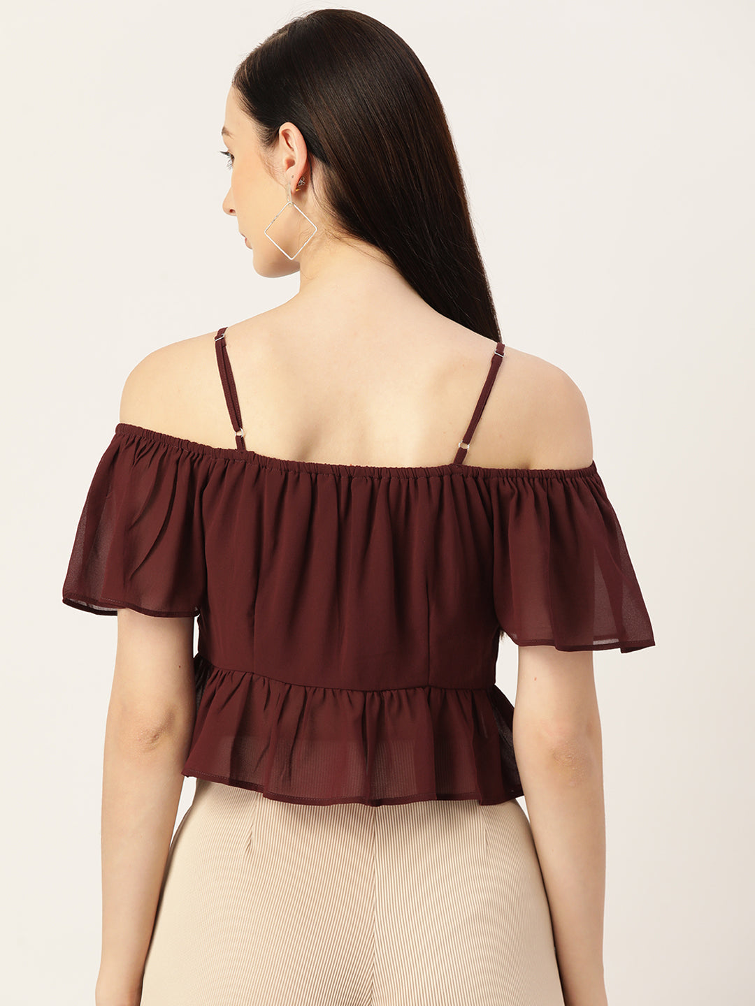 Maroon Ruched Georgette Bardot Top