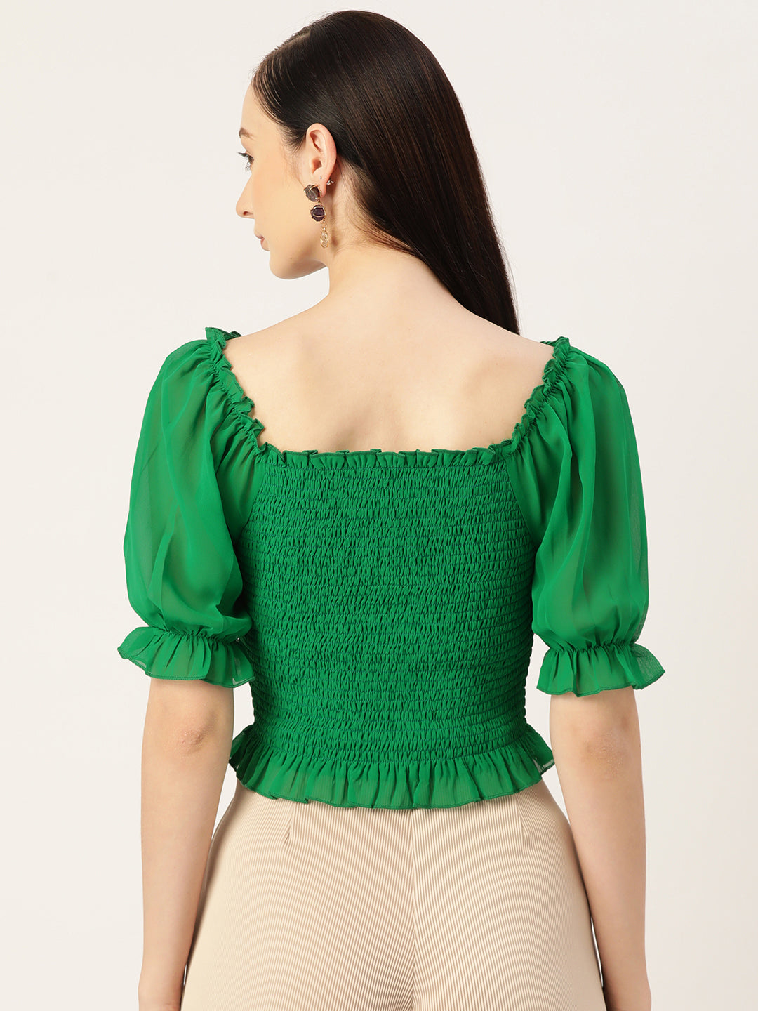 Green Smocked Georgette Crop Top