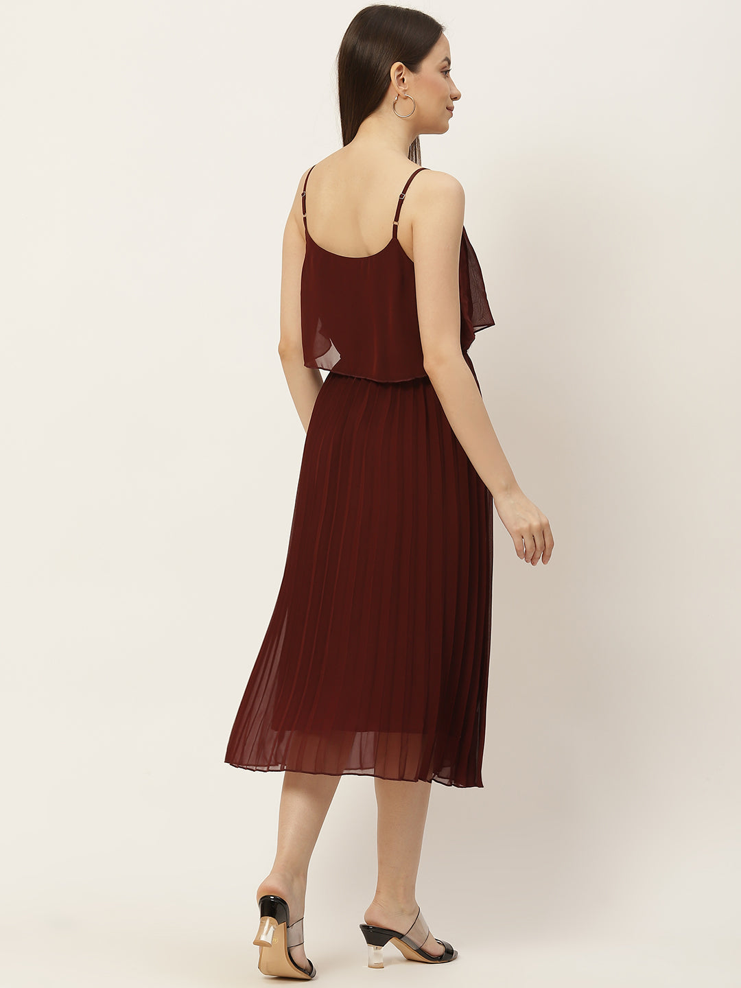 Women A-line Brown Pleated Dress